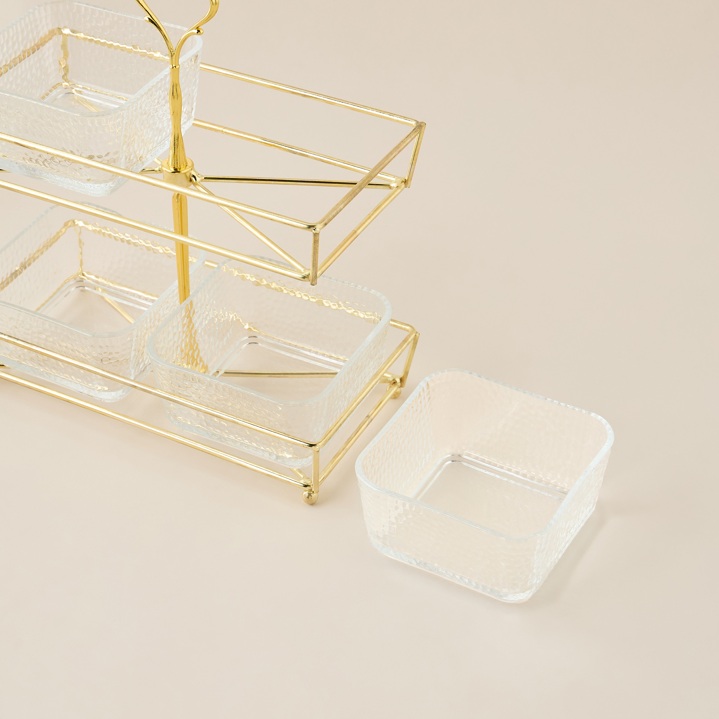 Textured 4-Piece Glass Square Bowl Set with 2-Tier Metal Stand-household-dining-serveware-chipsanddip-image-3