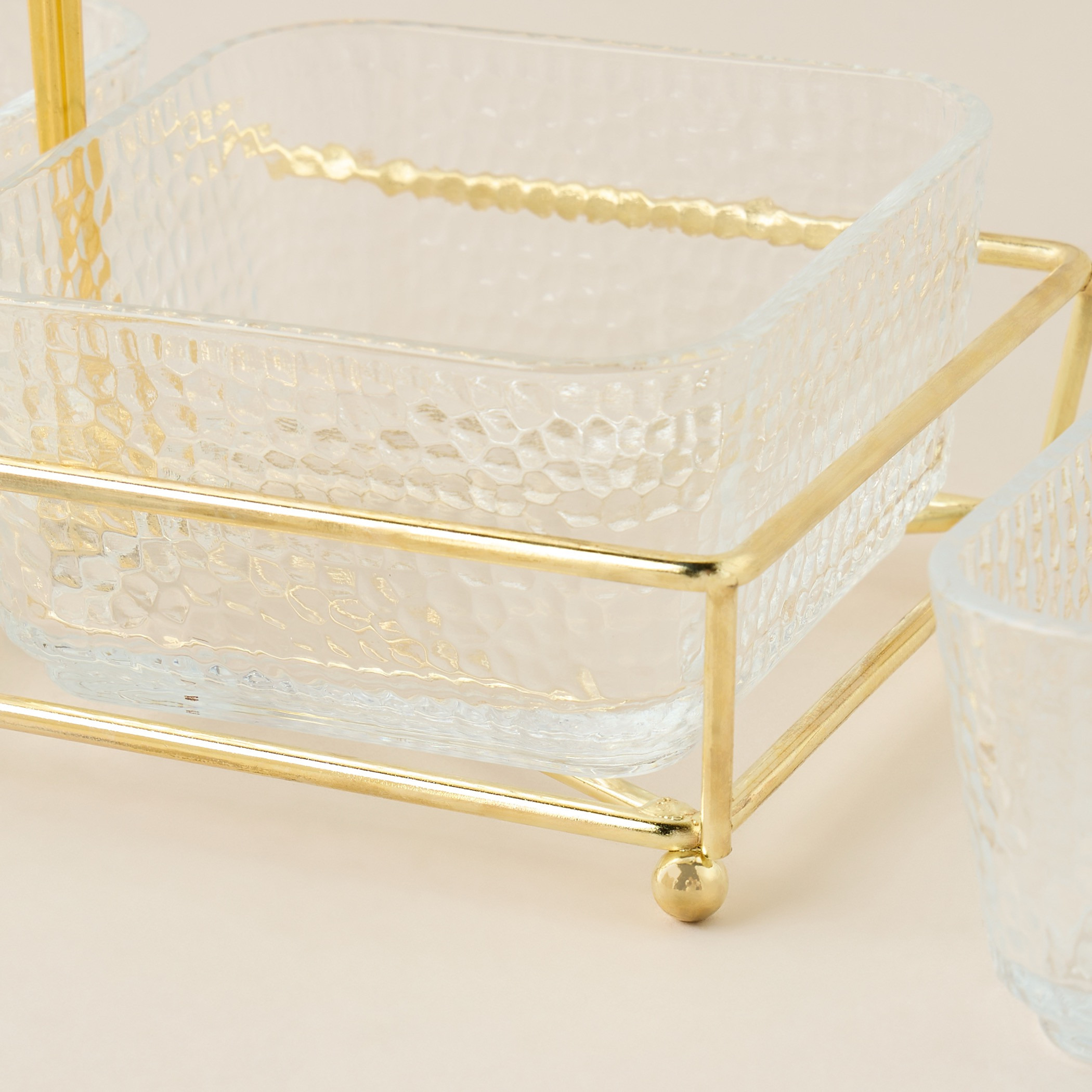 Textured 4-Piece Glass Square Bowl Set with 2-Tier Metal Stand-household-dining-serveware-chipsanddip-image-4