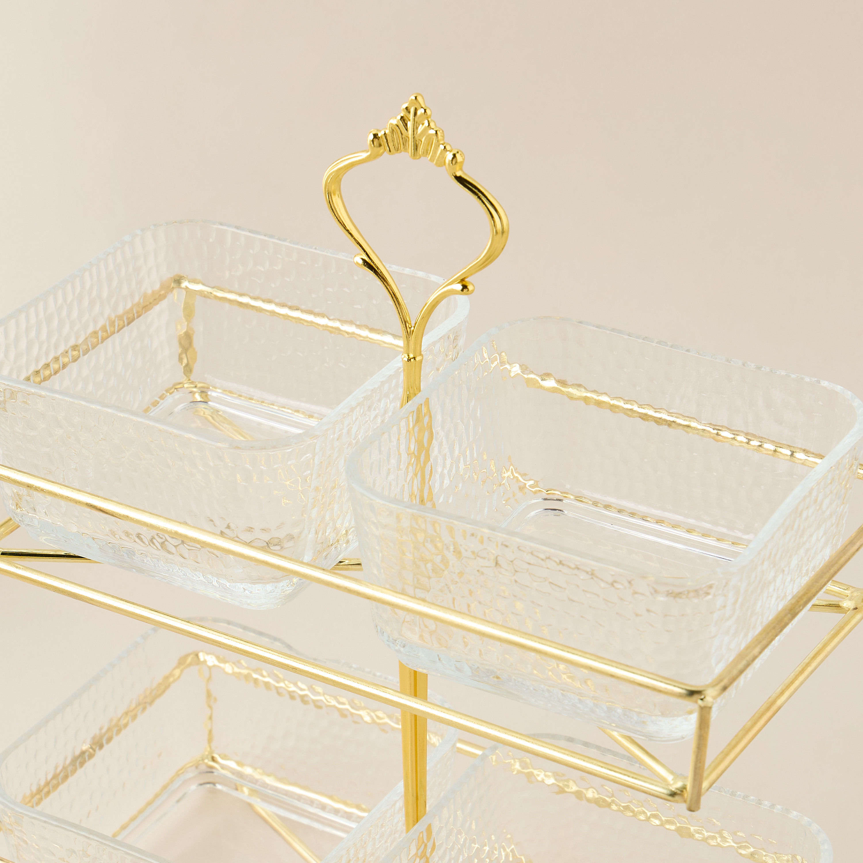Textured 4-Piece Glass Square Bowl Set with 2-Tier Metal Stand-household-dining-serveware-chipsanddip-image-5
