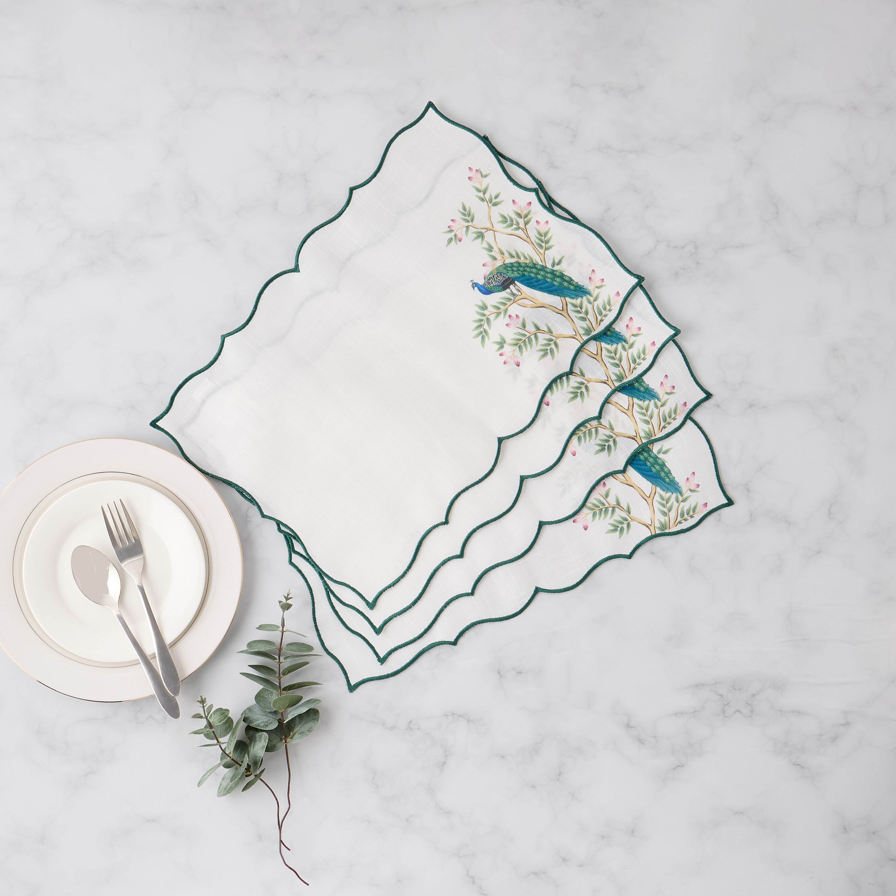 Peacock Printed 4-Piece Scallop Hem Placemat Set - 45x30 cms-household-dining-tablelinen-placemats-image-1