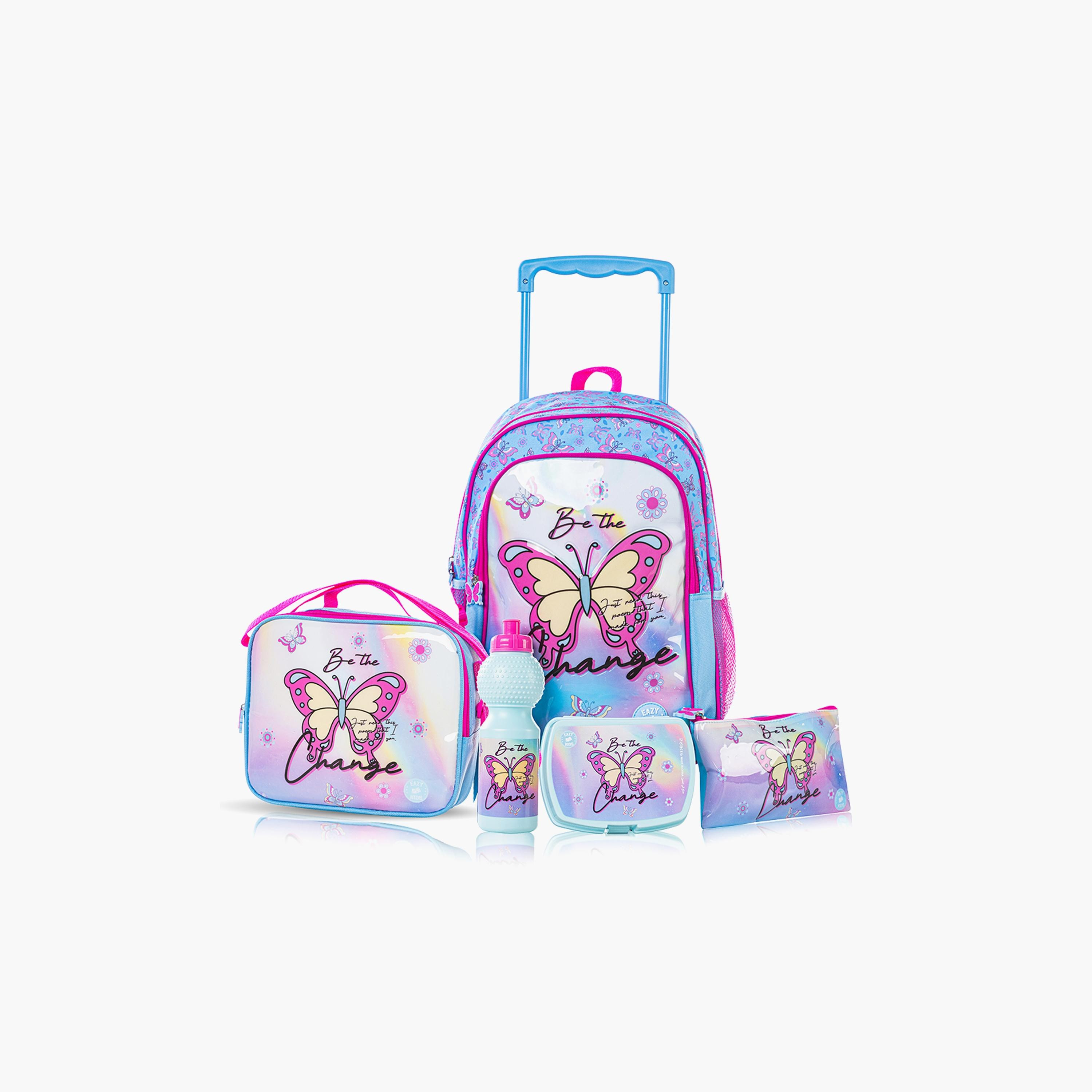 Eazy Kids 5-Piece Printed Trolley School Bag - Butterfly - 16 Inch-school-bagsandbackpacks-trolleybags-image-1