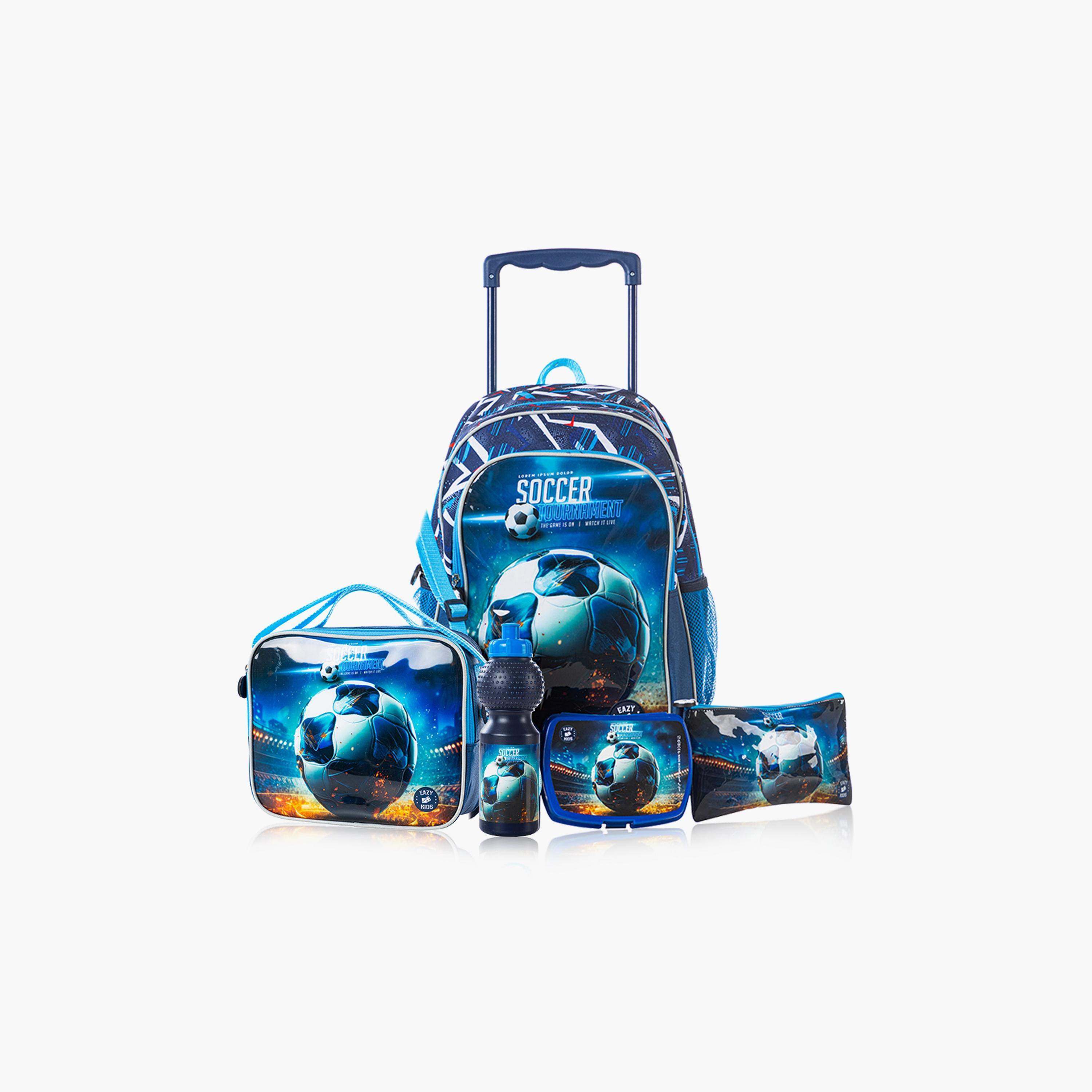 Eazy Kids 5-Piece Printed Trolley School Bag - Football - 16 Inch-school-bagsandbackpacks-trolleybags-image-1