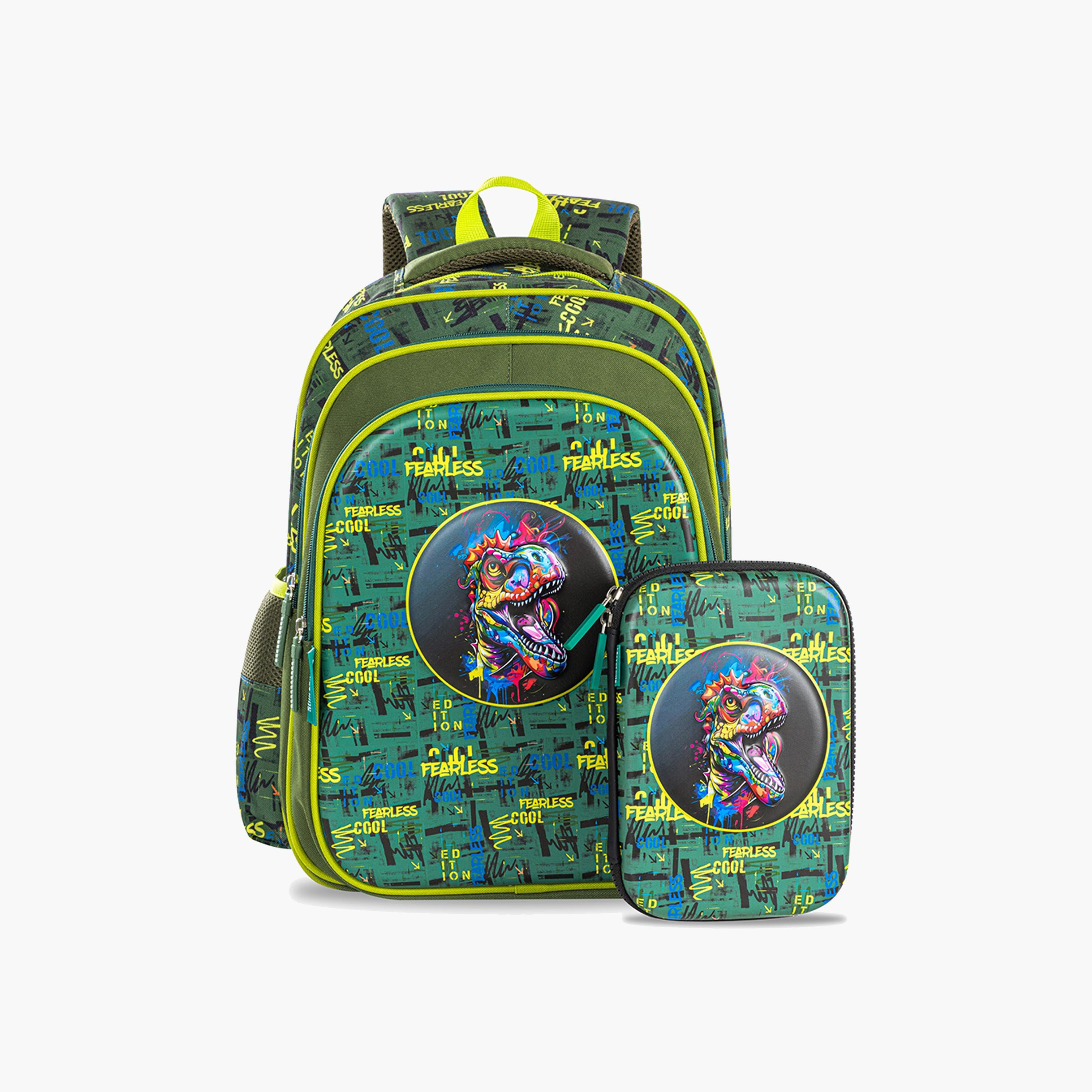 Eazy Kids Printed School Bag with Pencil Case - Dino - Green - 16 Inch-school-bagsandbackpacks-sets-image-1