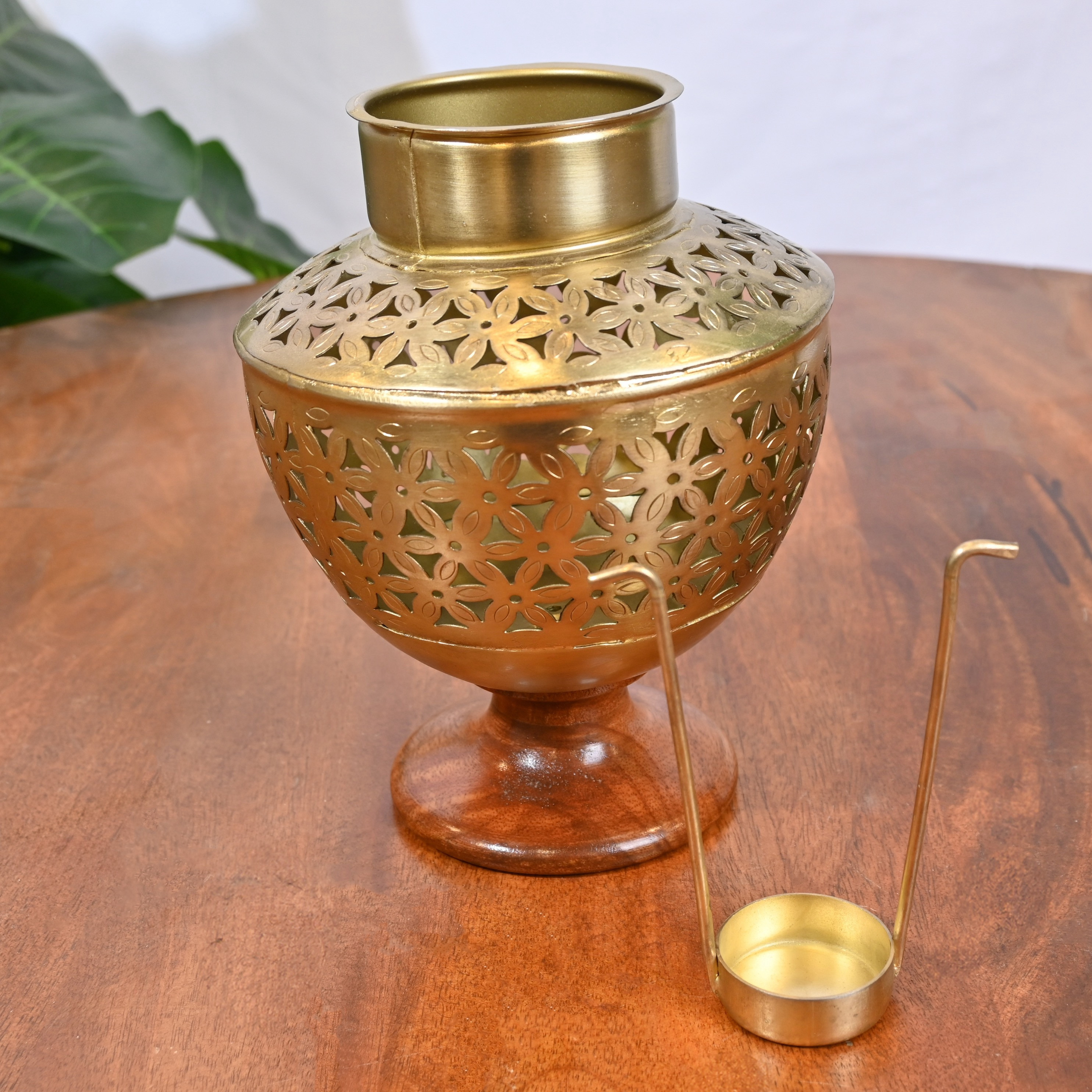 Crafted by Lifestyle Cutwork Detail Candleholder with Wooden Base - 21 cms-household-decor-candleholdersandlanterns-image-2