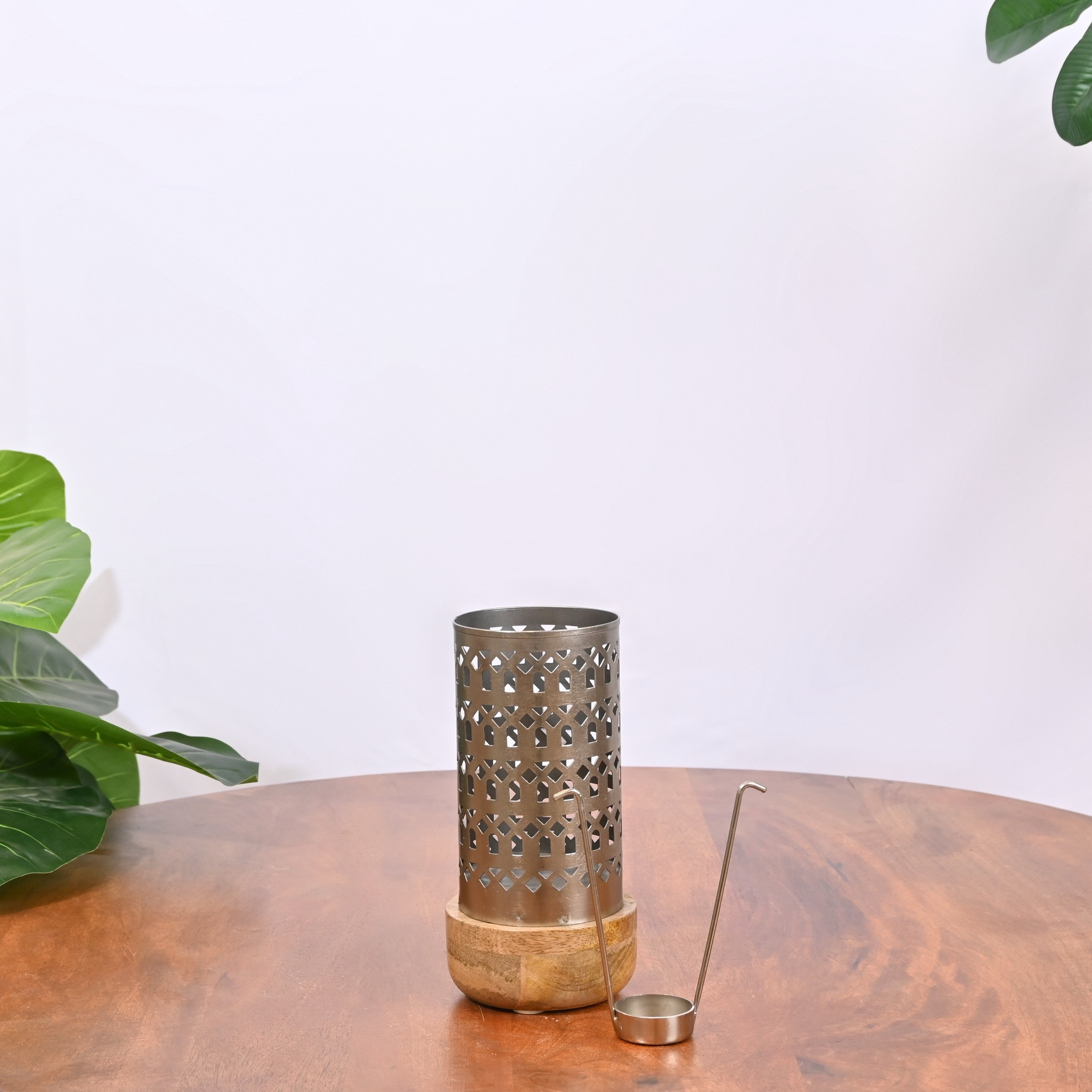 Crafted by Lifestyle Cutwork Detail Metal Candleholder with Wooden Base - 22 cms-household-decor-candleholdersandlanterns-image-2