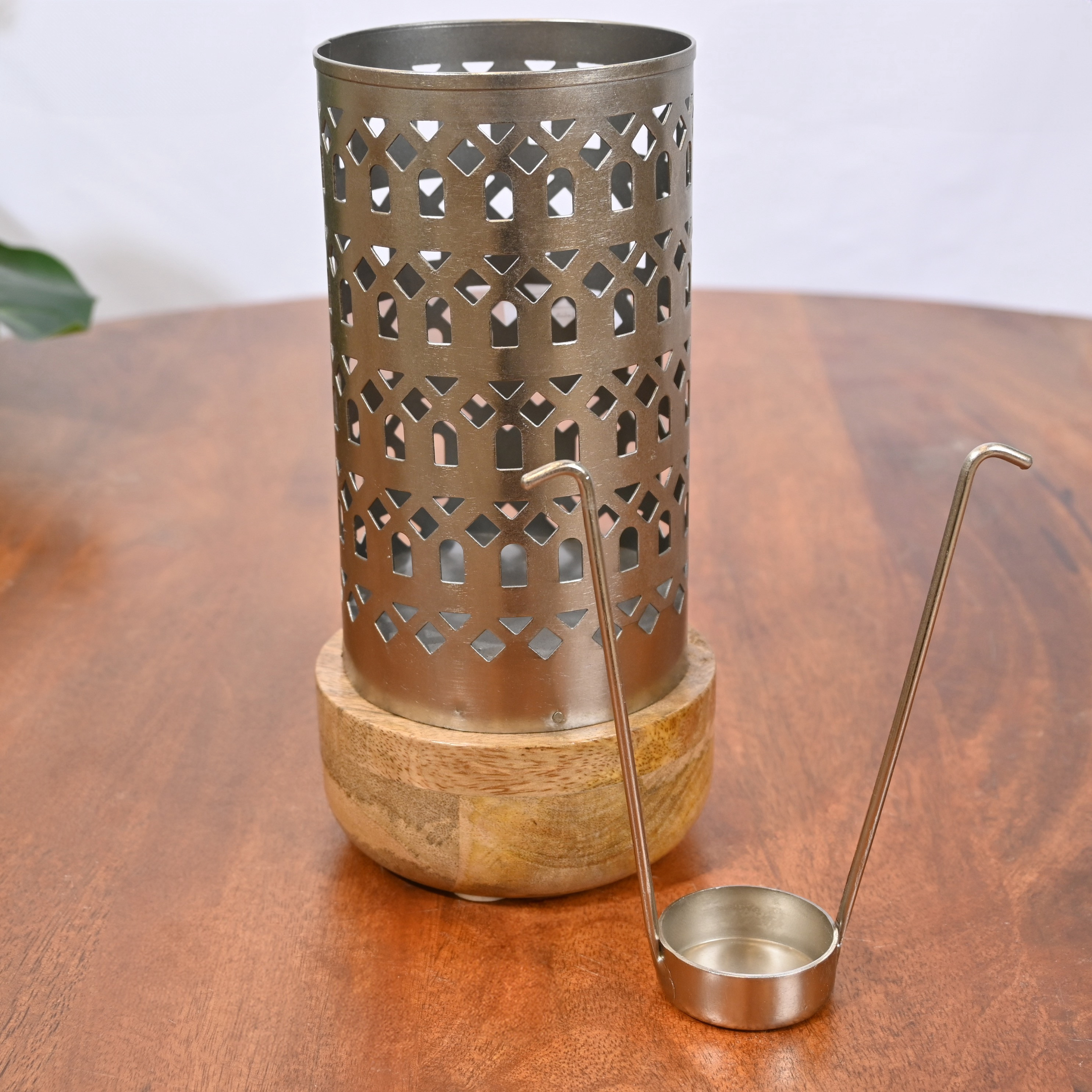 Crafted by Lifestyle Cutwork Detail Metal Candleholder with Wooden Base - 22 cms-household-decor-candleholdersandlanterns-image-4