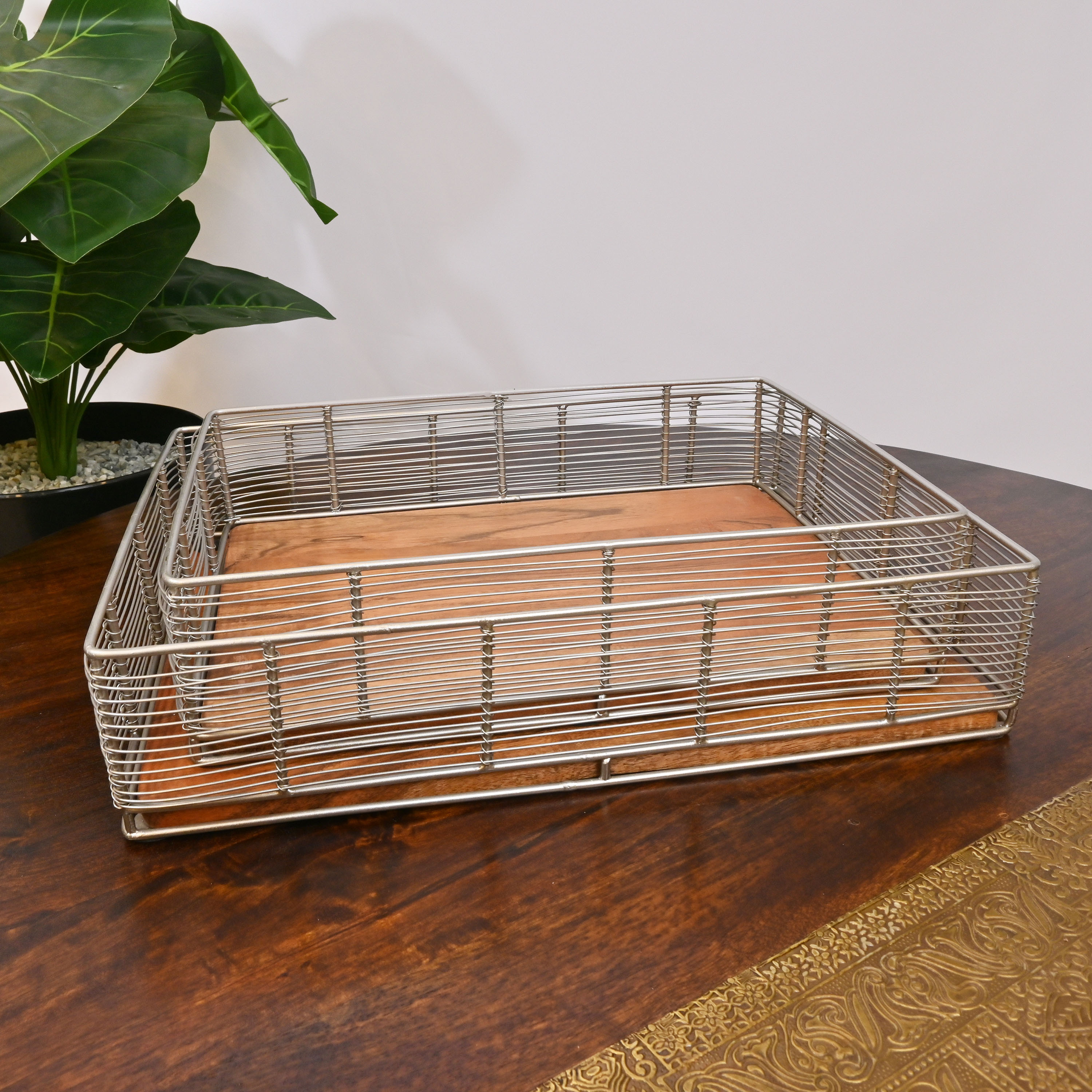 Crafted by Lifestyle Decorative Tray with Wooden Base - Set of 2-household-decor-boxesandtrays-image-1