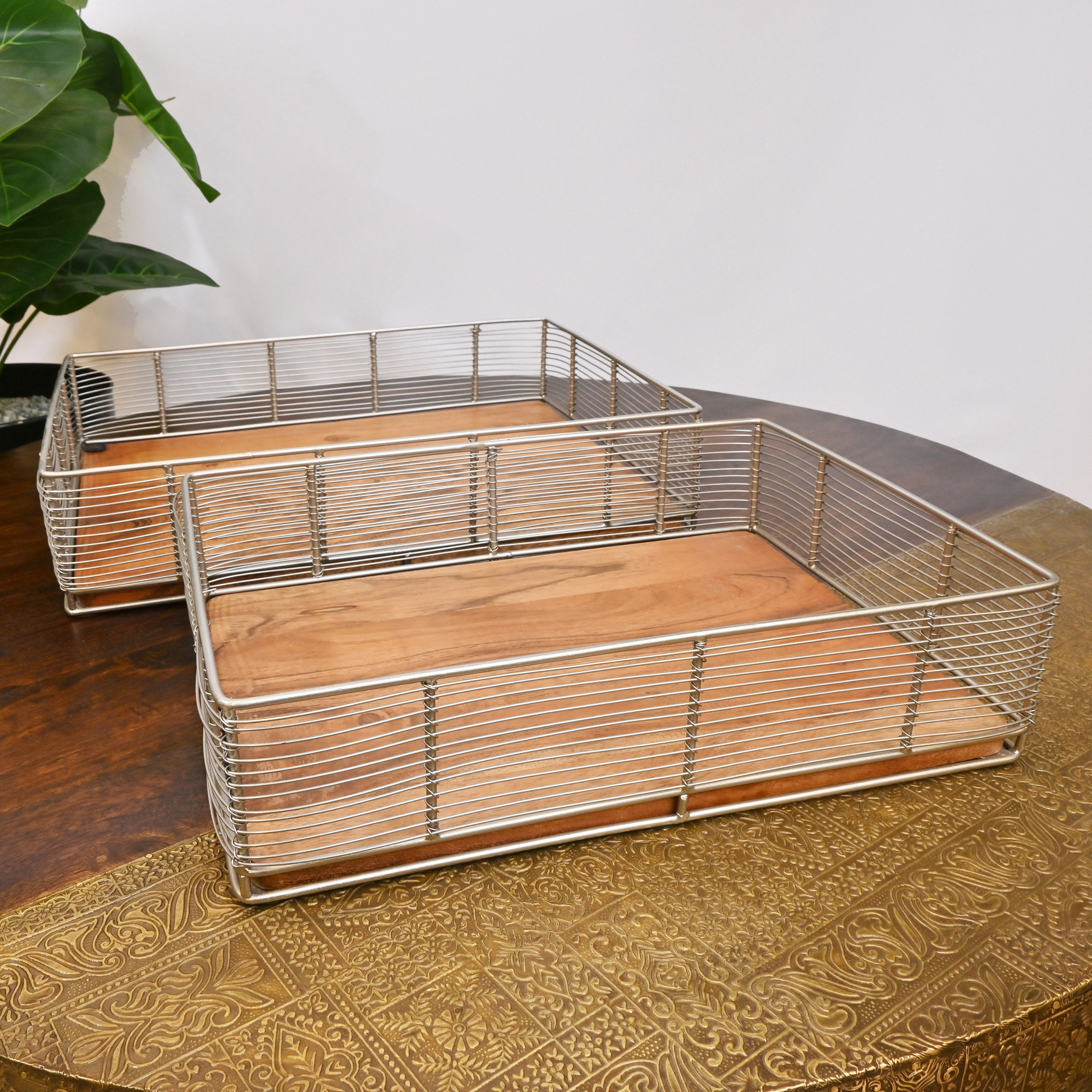 Crafted by Lifestyle Decorative Tray with Wooden Base - Set of 2-household-decor-boxesandtrays-image-2