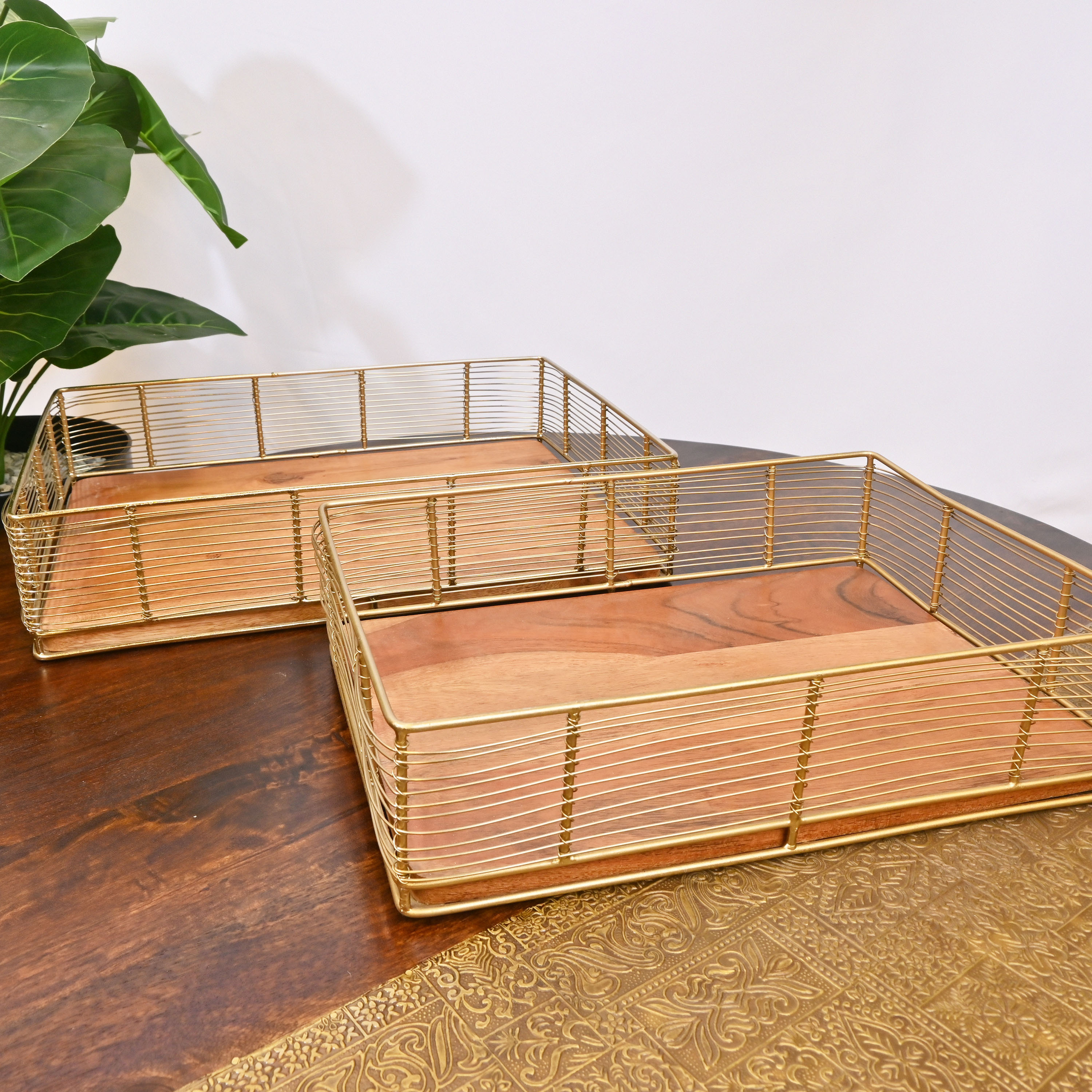 Crafted by Lifestyle Decorative Tray with Wooden Base - Set of 2-household-decor-boxesandtrays-image-2