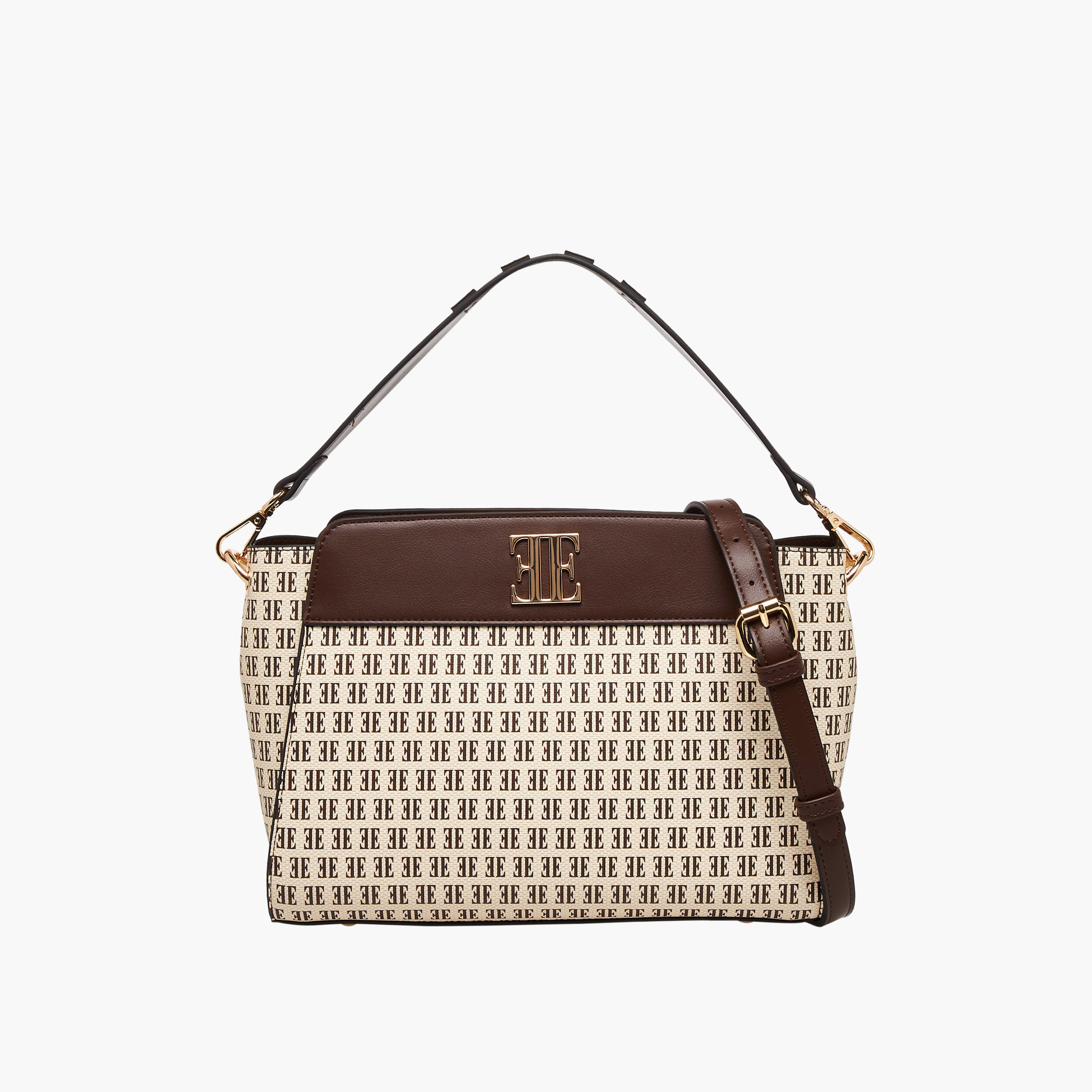 Elle Monogram Print Shoulder Bag with Detachable Strap-women-bagsandwallets-handbags-image-1