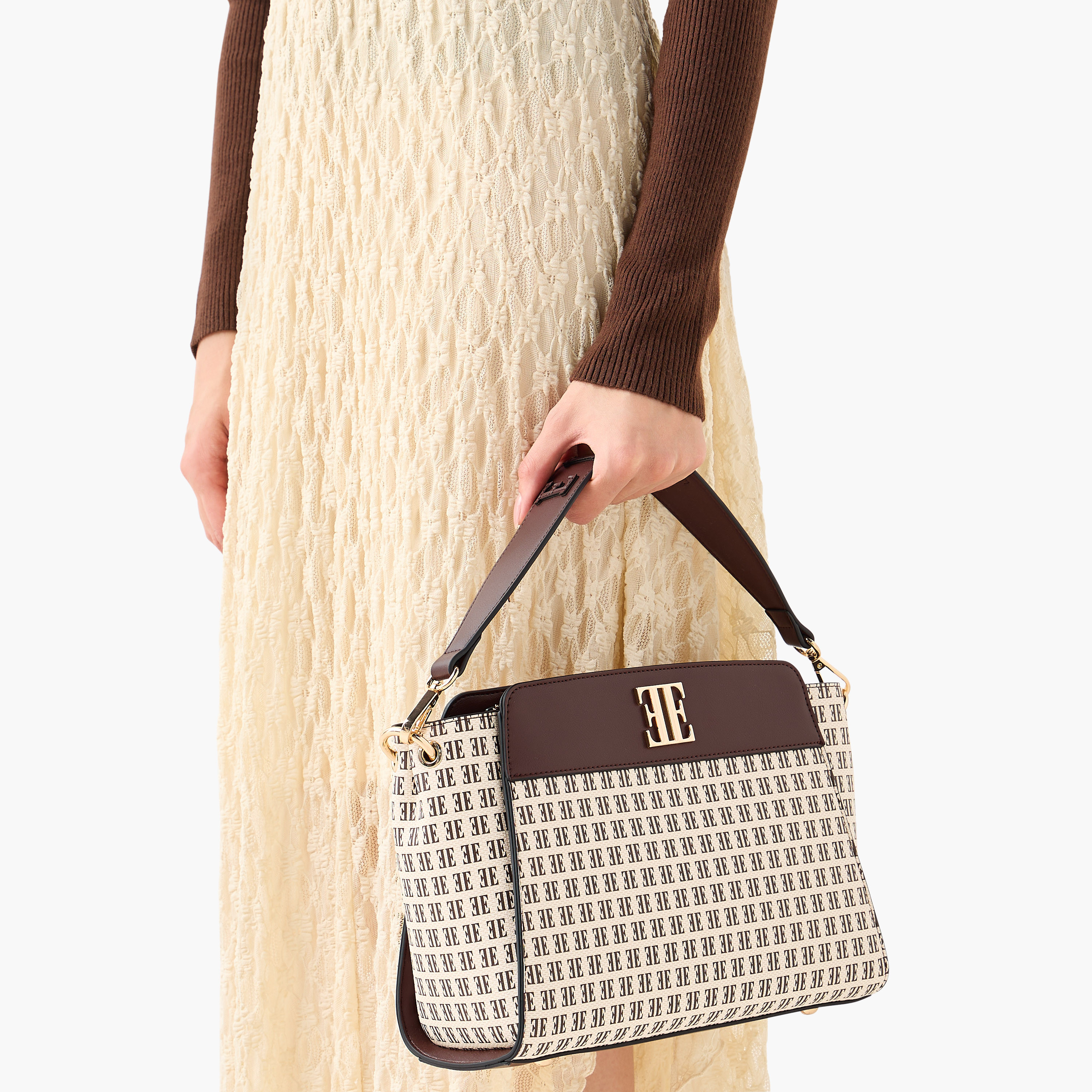 Elle Monogram Print Shoulder Bag with Detachable Strap-women-bagsandwallets-handbags-image-2