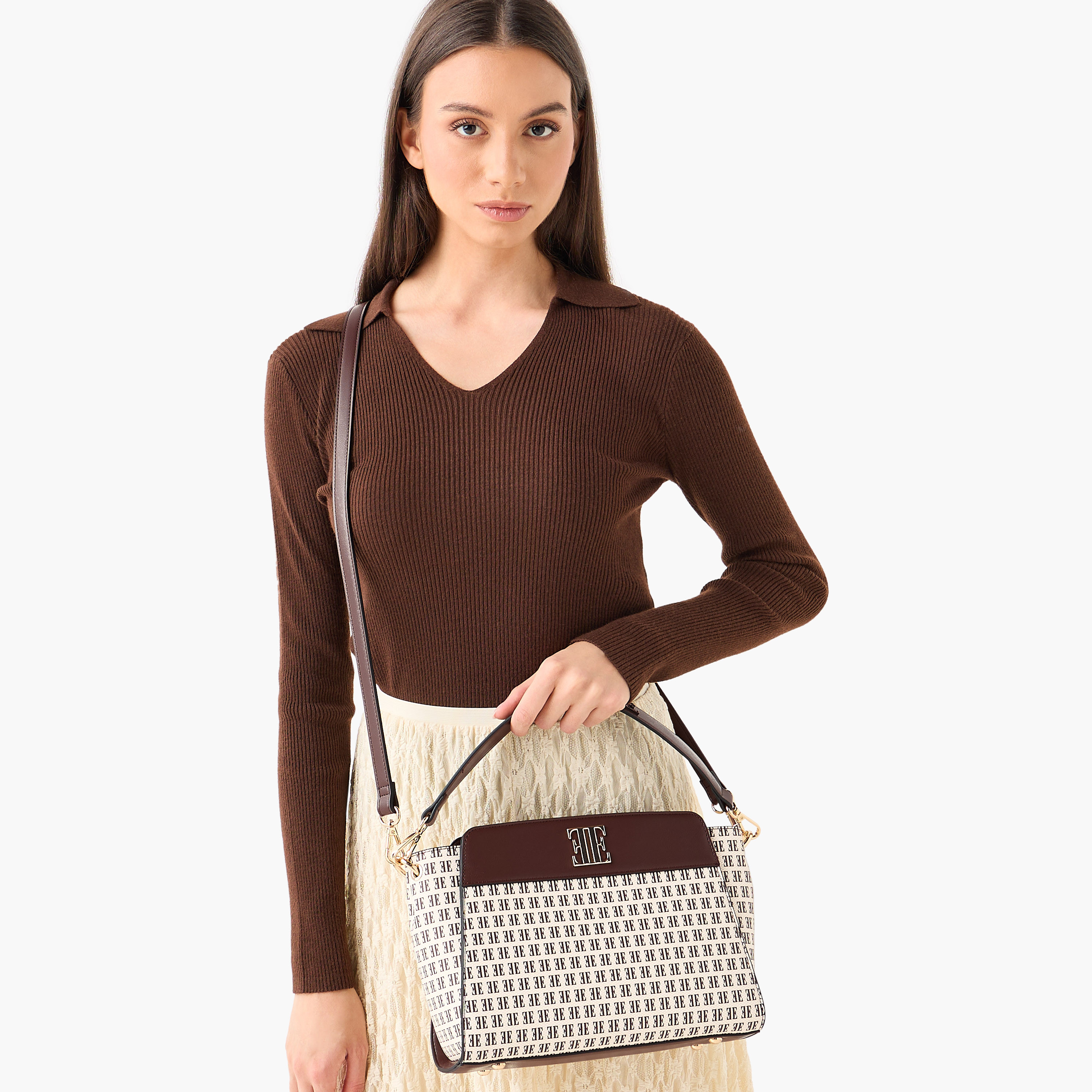 Elle Monogram Print Shoulder Bag with Detachable Strap-women-bagsandwallets-handbags-image-4