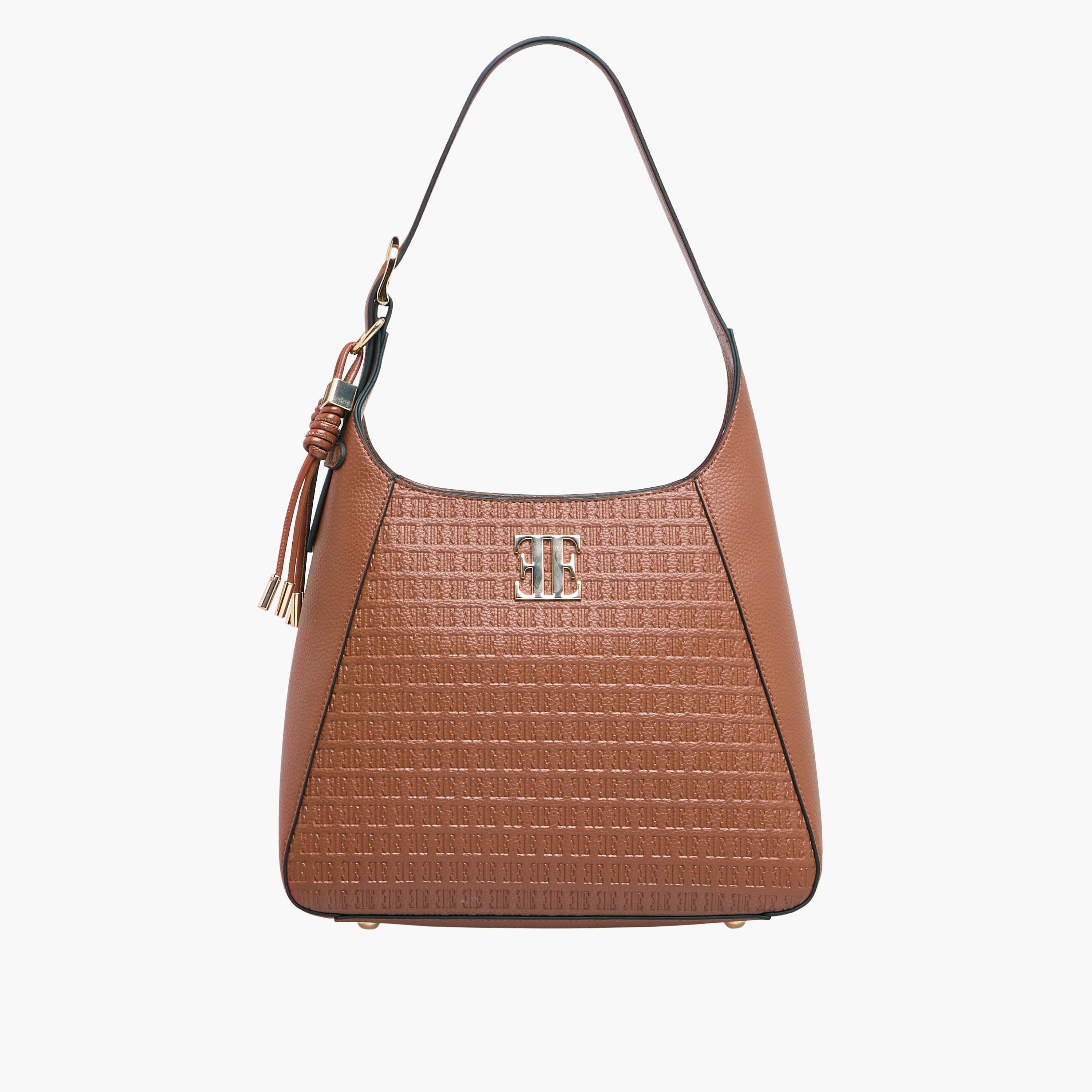Elle Monogram Embossed Shoulder Bag with Adjustable Strap and Zip Closure-women-bagsandwallets-handbags-image-1