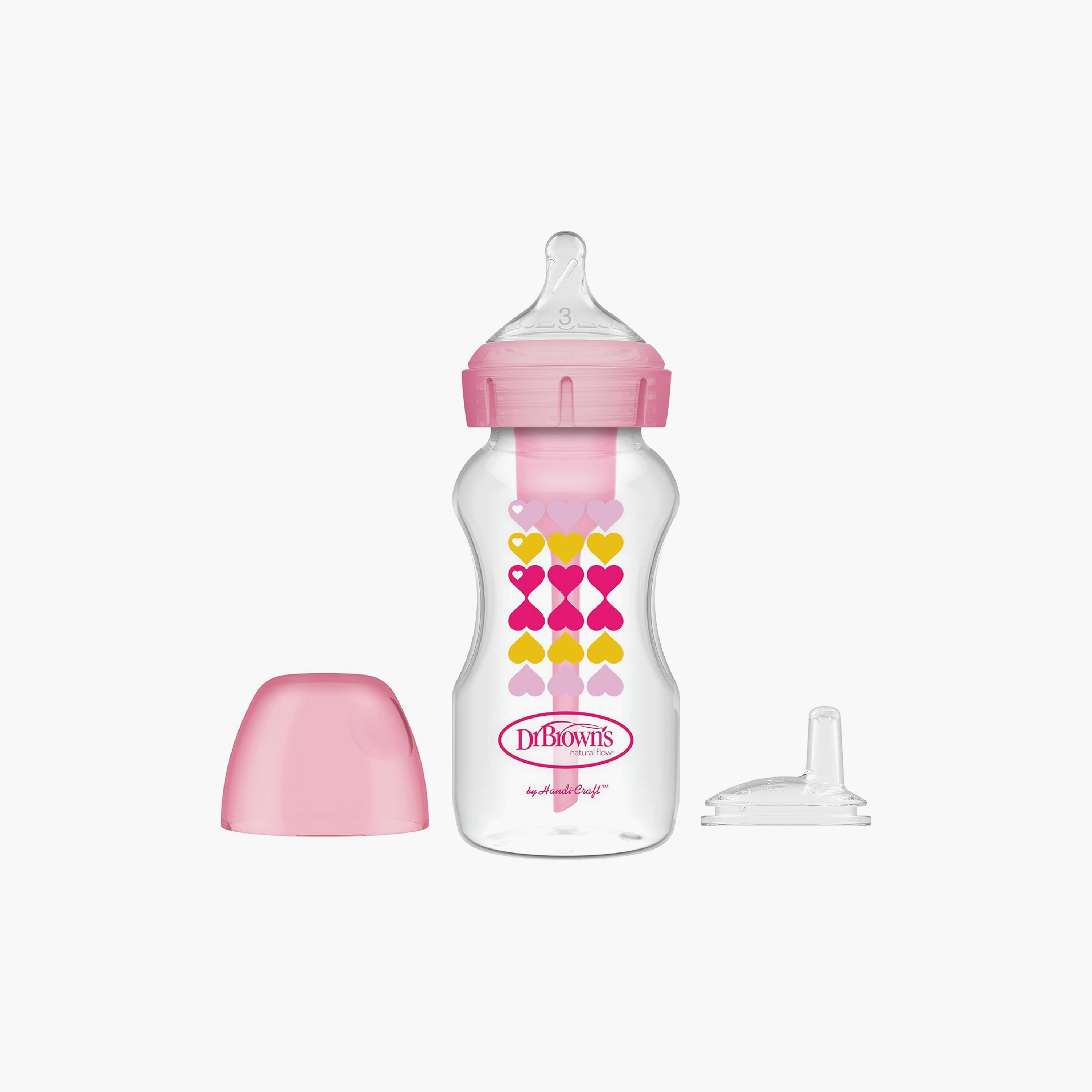 Dr. Brown's Wide Neck Options+ BPA Free Feeding Bottle with Sippy Spout - 270 ml- Heart - Pink-baby-feeding-feedingbottles-bottlesandteats-image-1