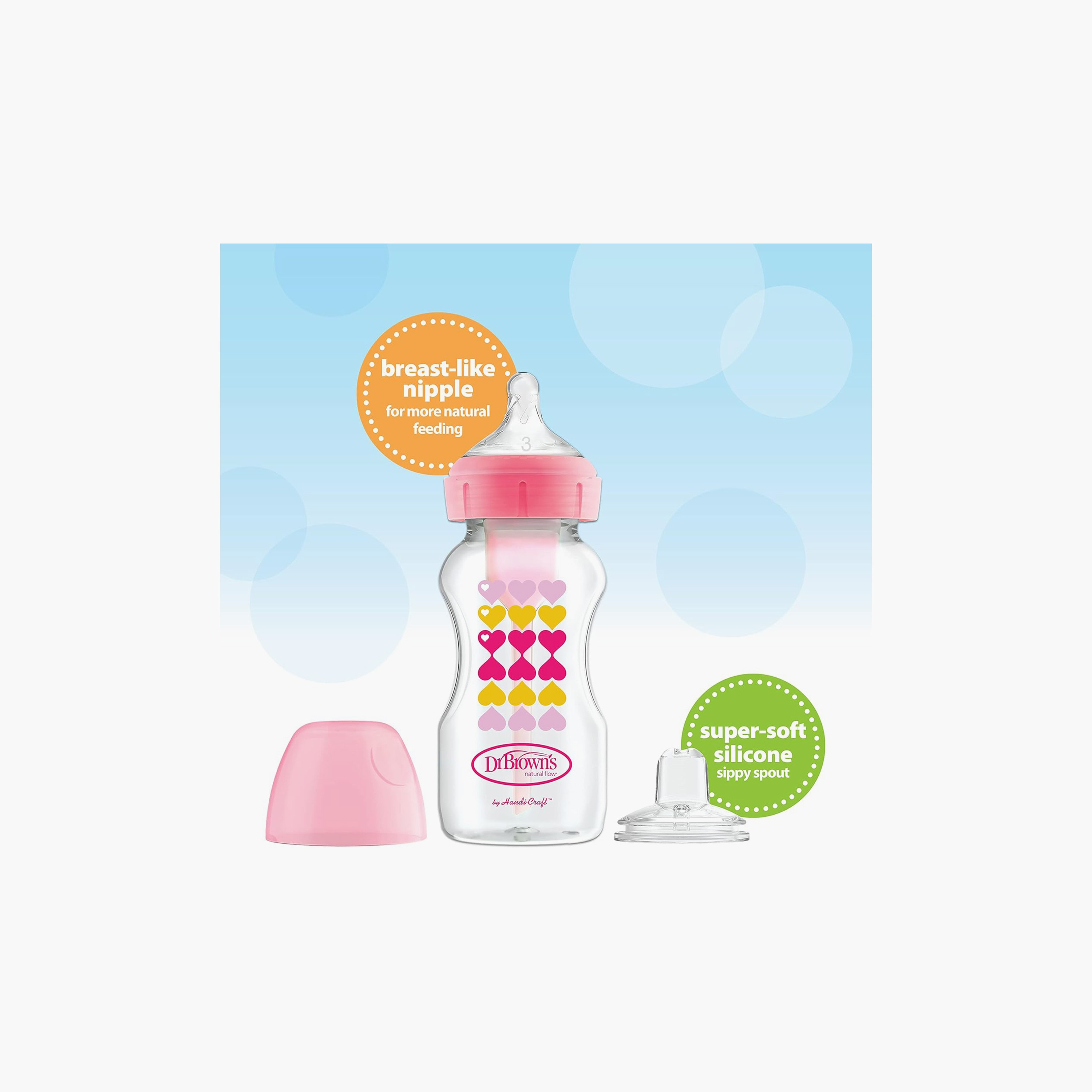 Dr. Brown's Wide Neck Options+ BPA Free Feeding Bottle with Sippy Spout - 270 ml- Heart - Pink-baby-feeding-feedingbottles-bottlesandteats-image-4