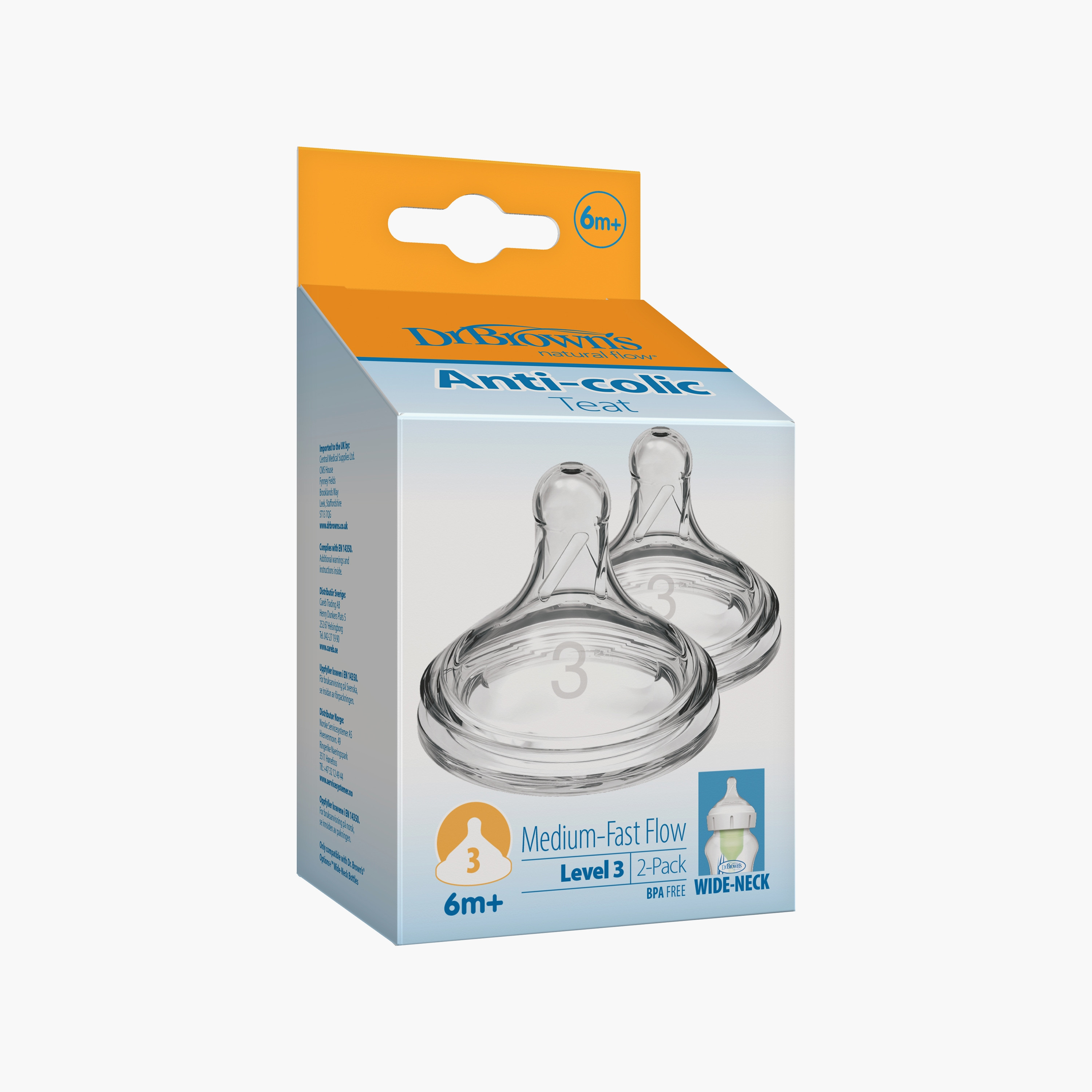 Dr. Brown's 2-Piece Level-3 Wide Neck Option+ BPA Free Nipples - 6 months+-baby-feeding-feedingbottles-bottlesandteats-image-2