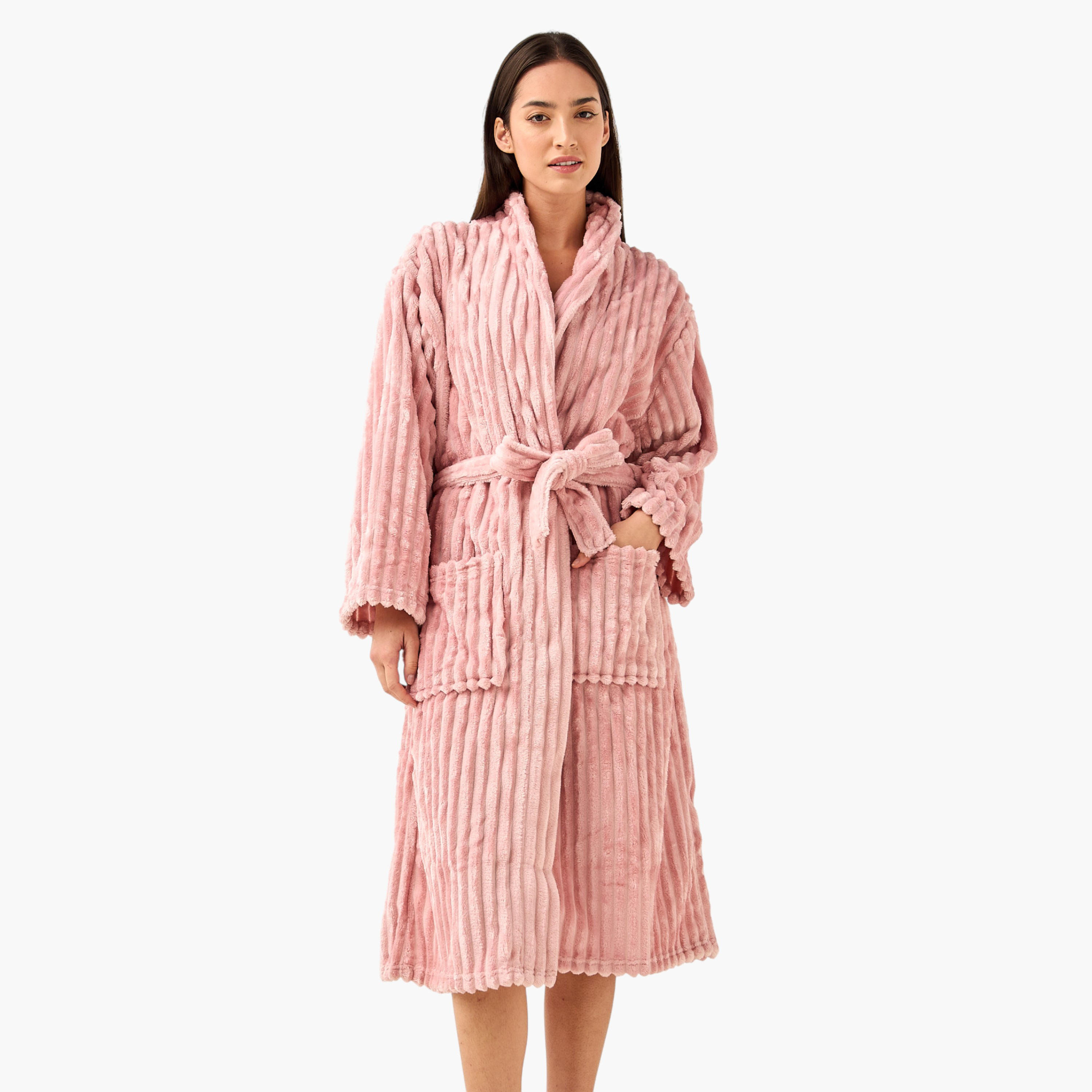 روب حمام فلانيل مضلع بحزام-household-bathandlaundry-bathlinen-bathrobesandslippers-bathrobes-image-1