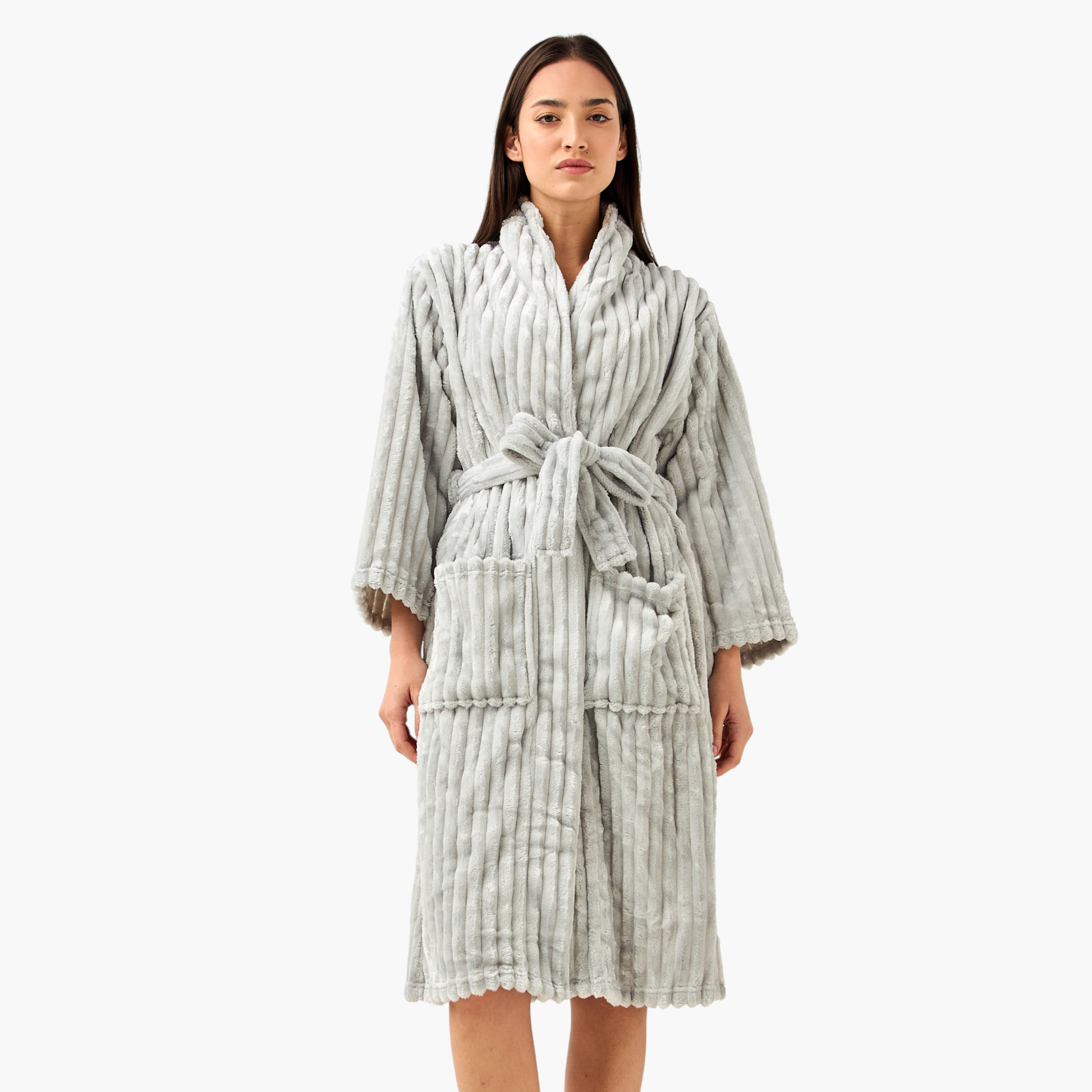 Ribbed Bathrobe with Pockets and Long Sleeves-household-bathandlaundry-bathlinen-bathrobesandslippers-bathrobes-image-1