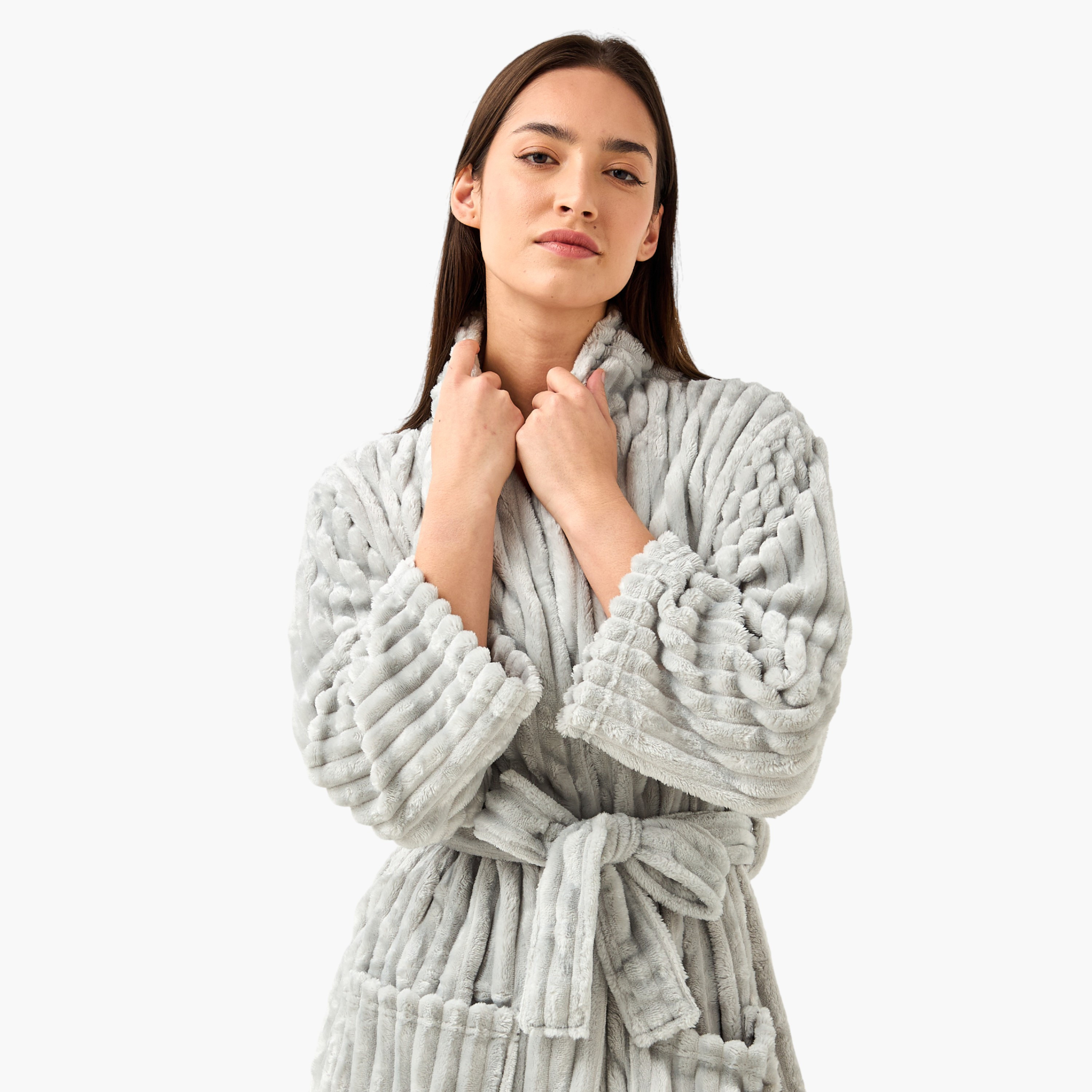 Ribbed Bathrobe with Pockets and Long Sleeves-household-bathandlaundry-bathlinen-bathrobesandslippers-bathrobes-image-5