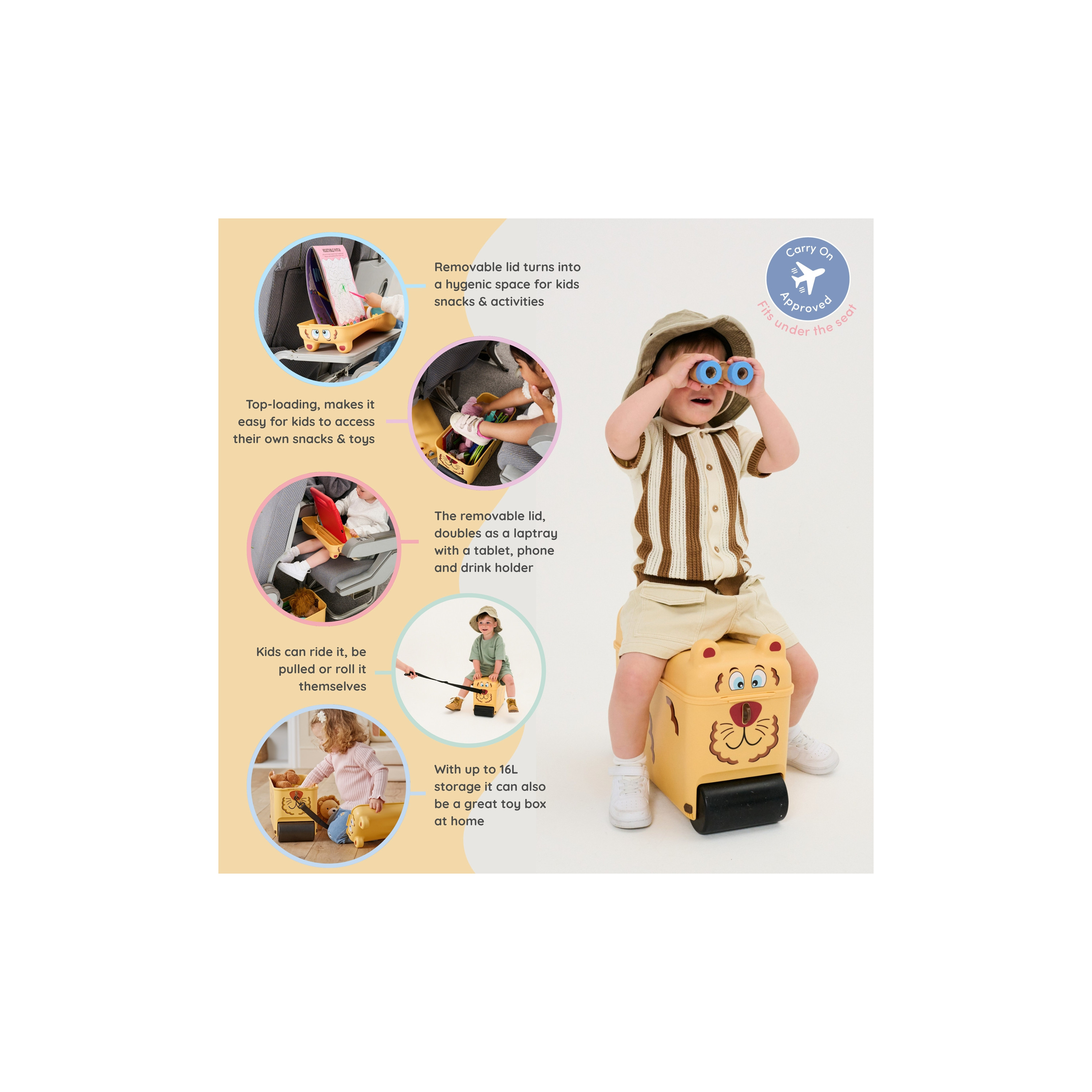 Little Rolla Top Loading Ride-On Suitcase - Lion - Yellow-travel-kidstrolleyandbags-image-4