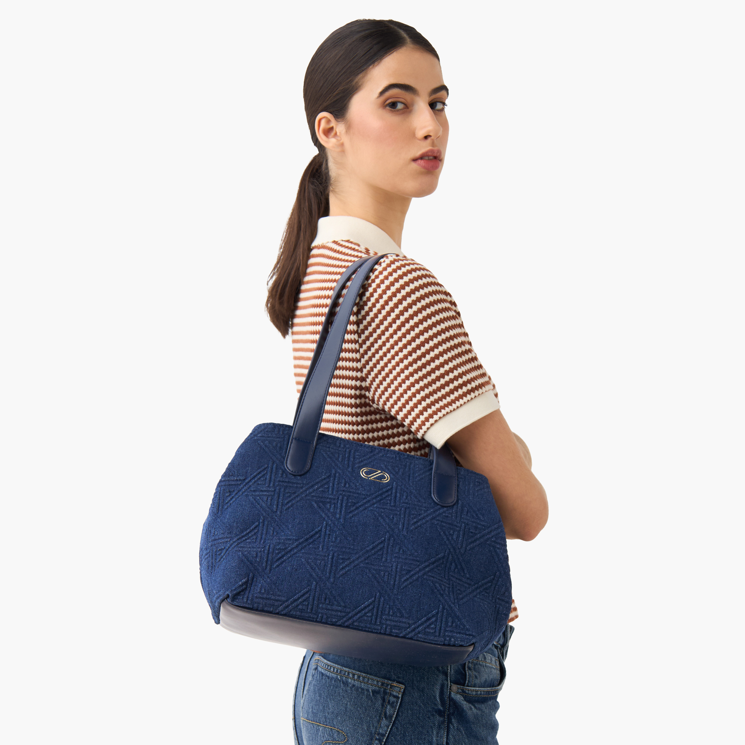 Sasha Textured Denim Shoulder Bag with Double Handles-women-bagsandwallets-handbags-image-2