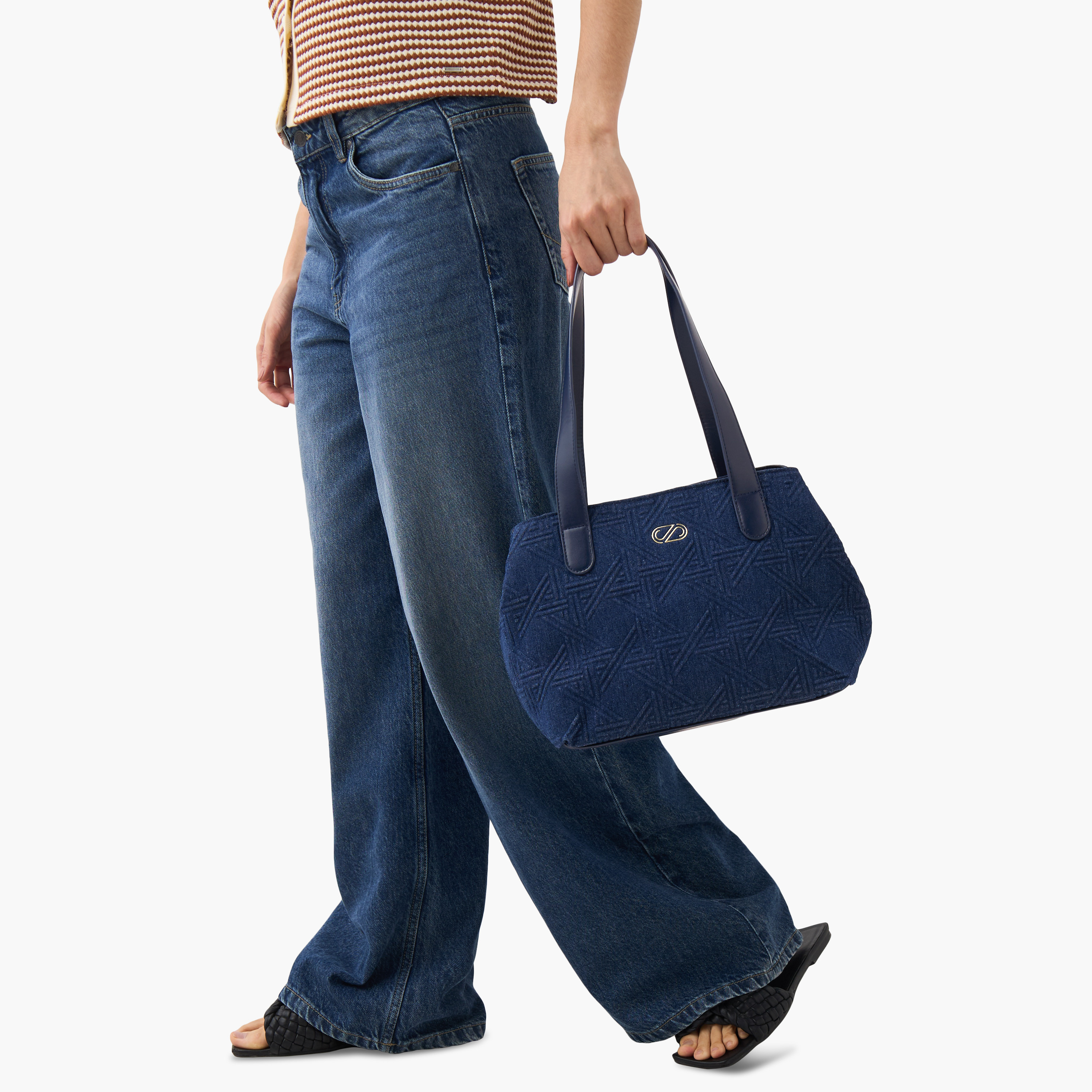 Sasha Textured Denim Shoulder Bag with Double Handles-women-bagsandwallets-handbags-image-8