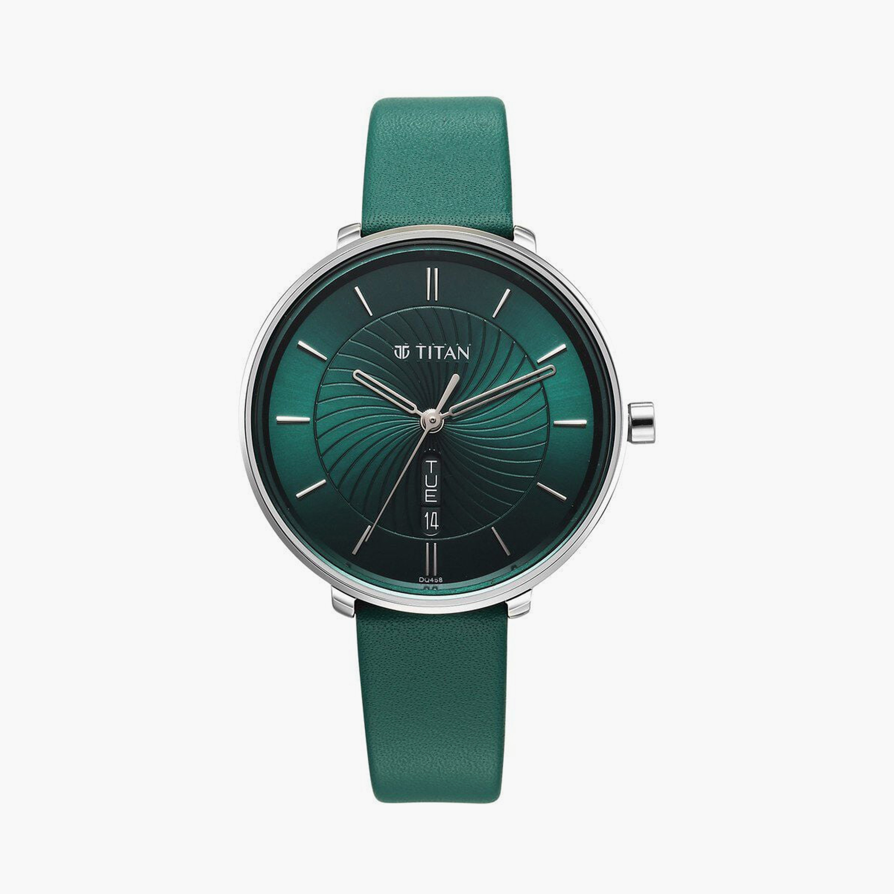 ساعة يد نسائية تيتان بقطر 36 مم أنالوج خضراء حزام جلد | 2763SL02-women-watchesandjewellery-watches-image-1
