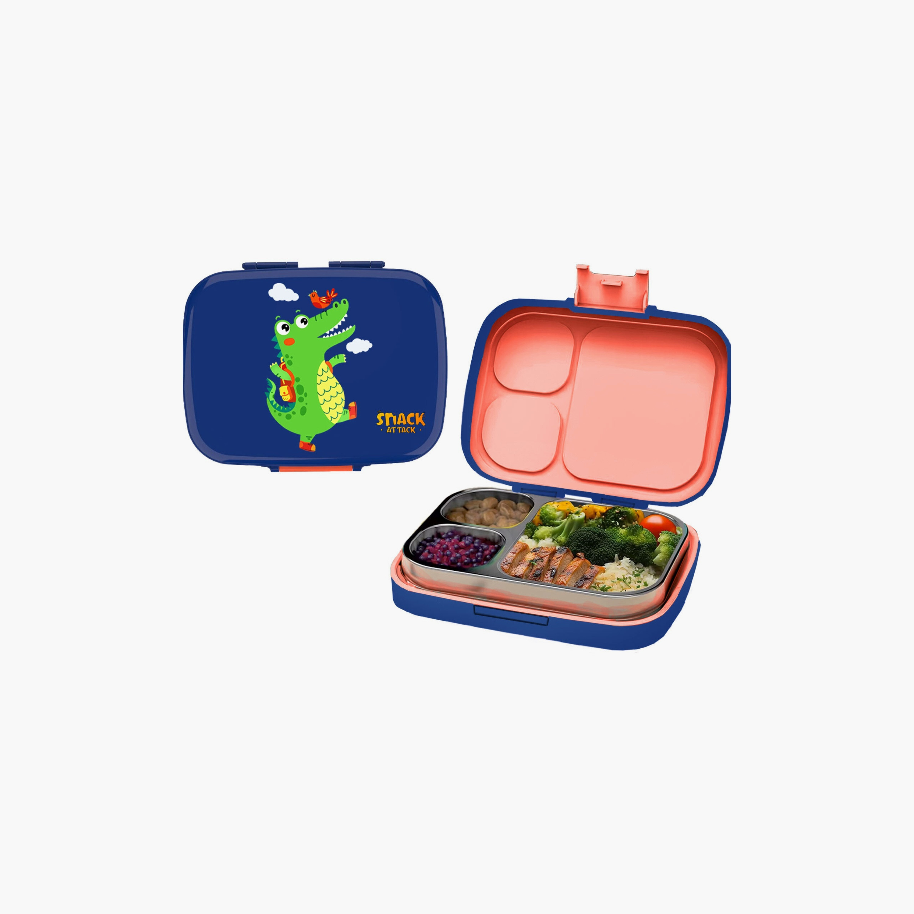 صندوق غداء مطبوع خالٍ من مادة BPA من سناك أتاك - ديناصور - أزرق-school-lunchessentials-lunchboxes-image-1