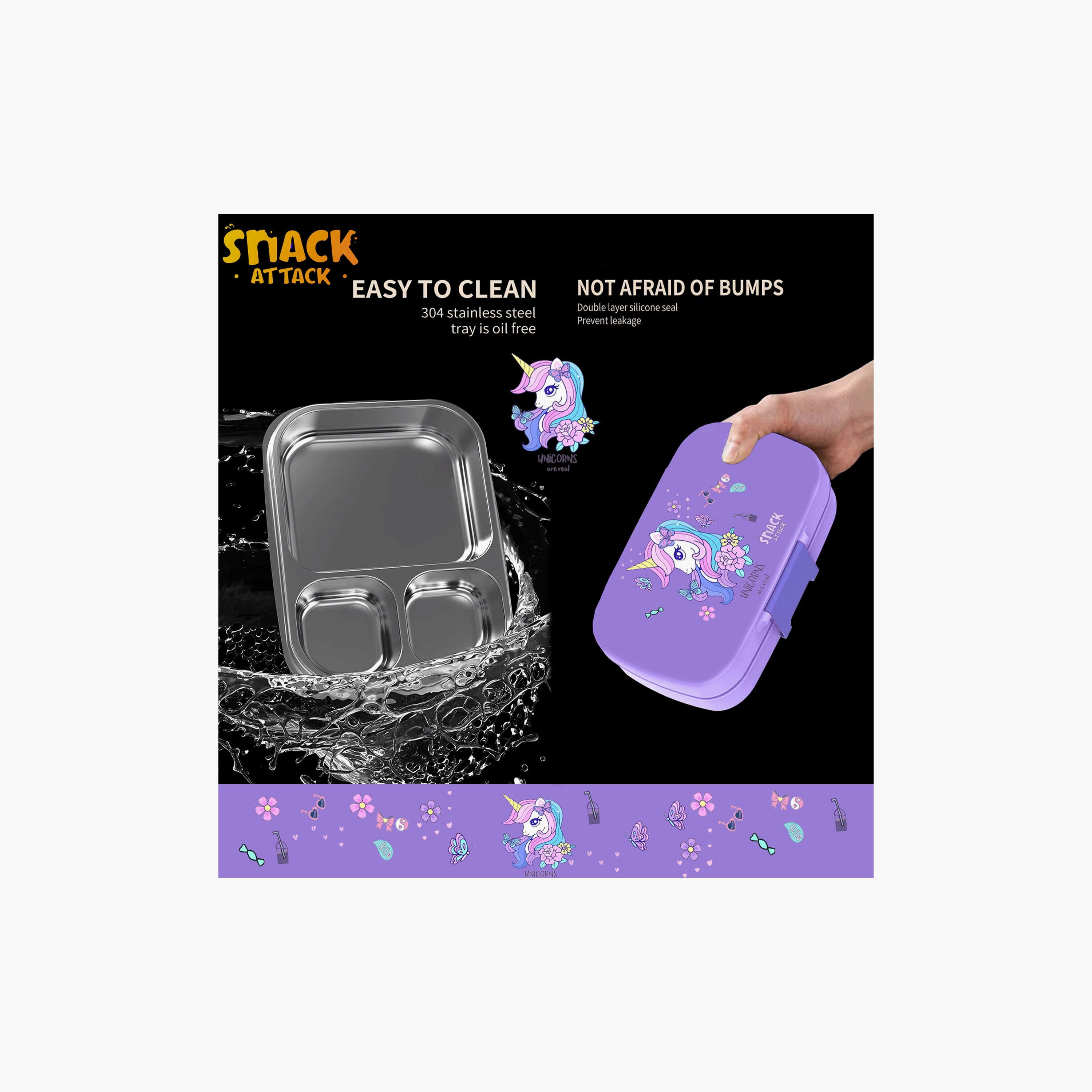 Snack Attack Printed BPA Free Lunch Box - Unicorn - Purple-school-lunchessentials-lunchboxes-image-2