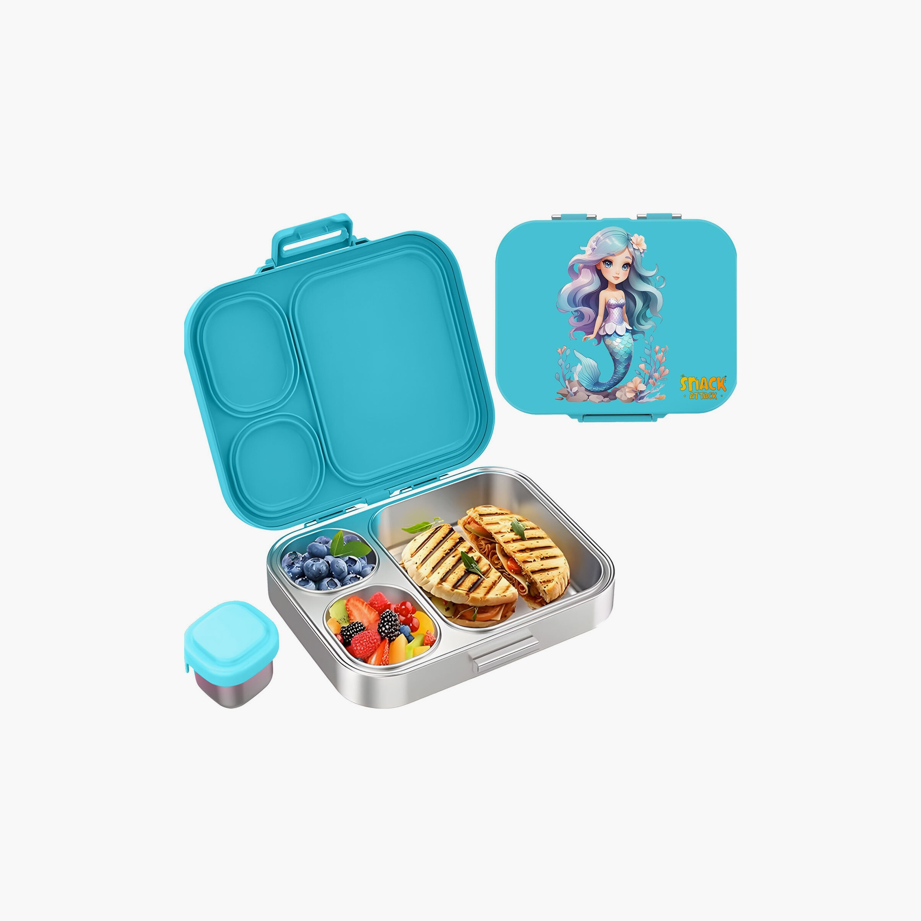 صندوق غداء مطبوع خالٍ من مادة BPA من سناك أتاك مع وعاء صلصة - حورية البحر - أزرق-school-lunchessentials-lunchboxes-image-1