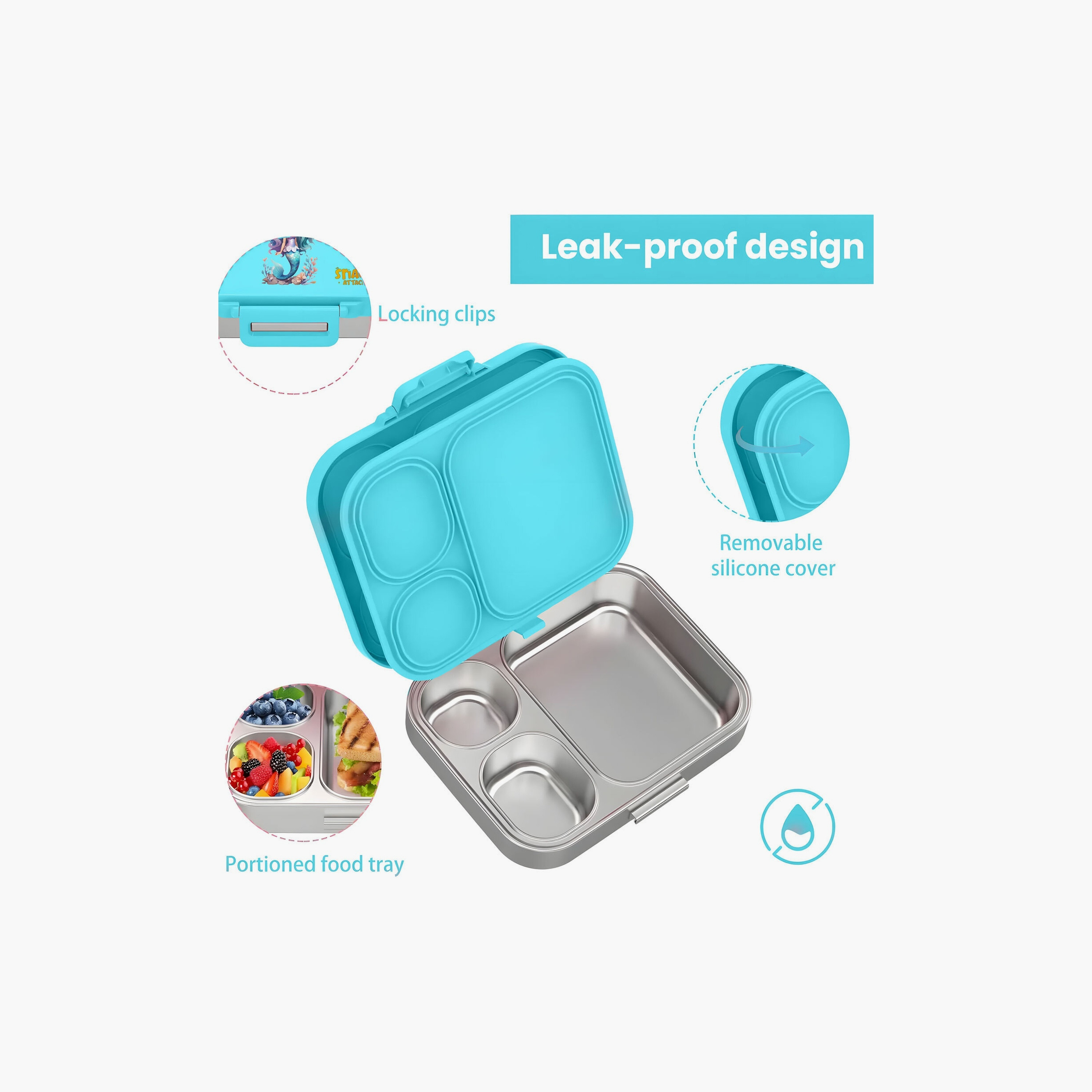 صندوق غداء مطبوع خالٍ من مادة BPA من سناك أتاك مع وعاء صلصة - حورية البحر - أزرق-school-lunchessentials-lunchboxes-image-3