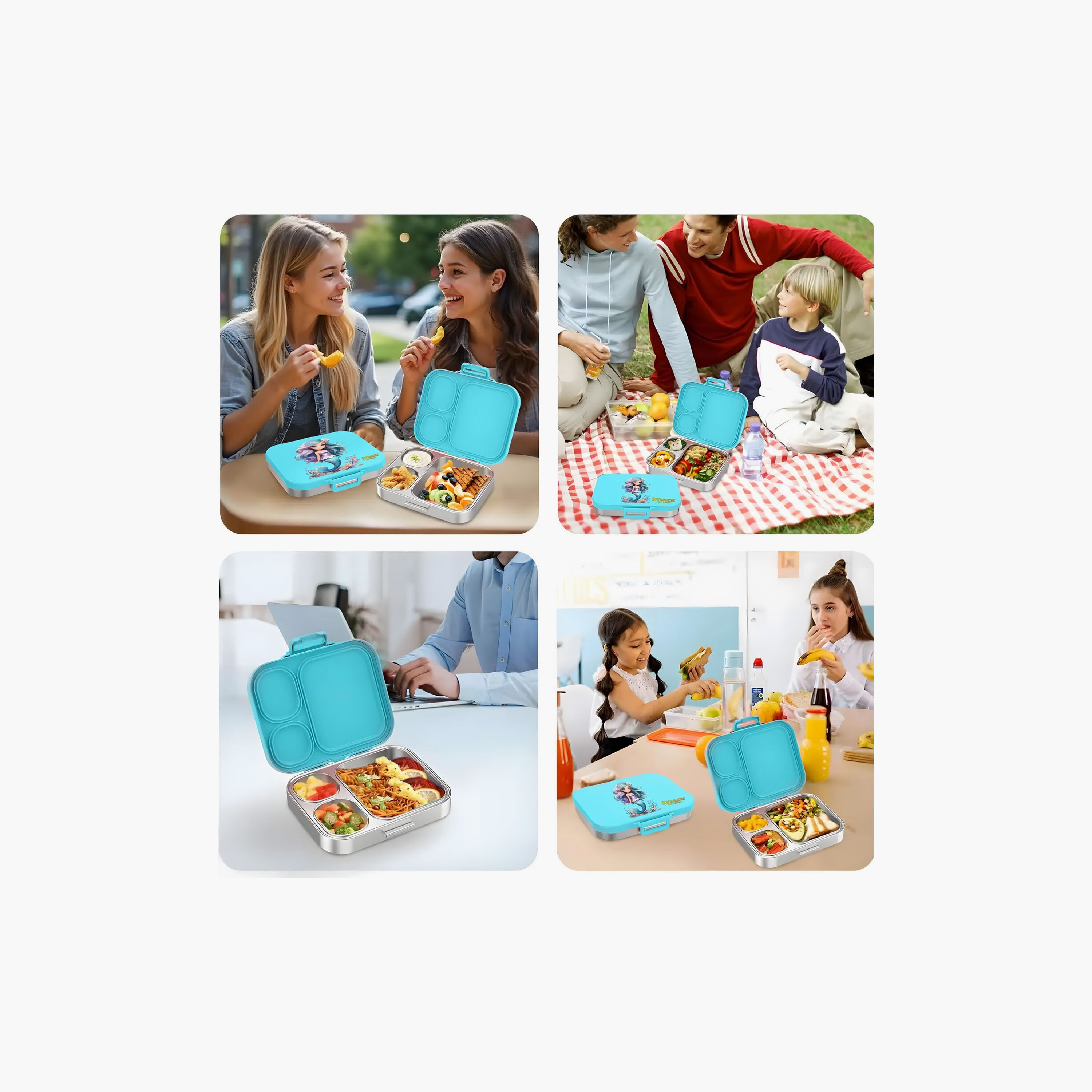 صندوق غداء مطبوع خالٍ من مادة BPA من سناك أتاك مع وعاء صلصة - حورية البحر - أزرق-school-lunchessentials-lunchboxes-image-4