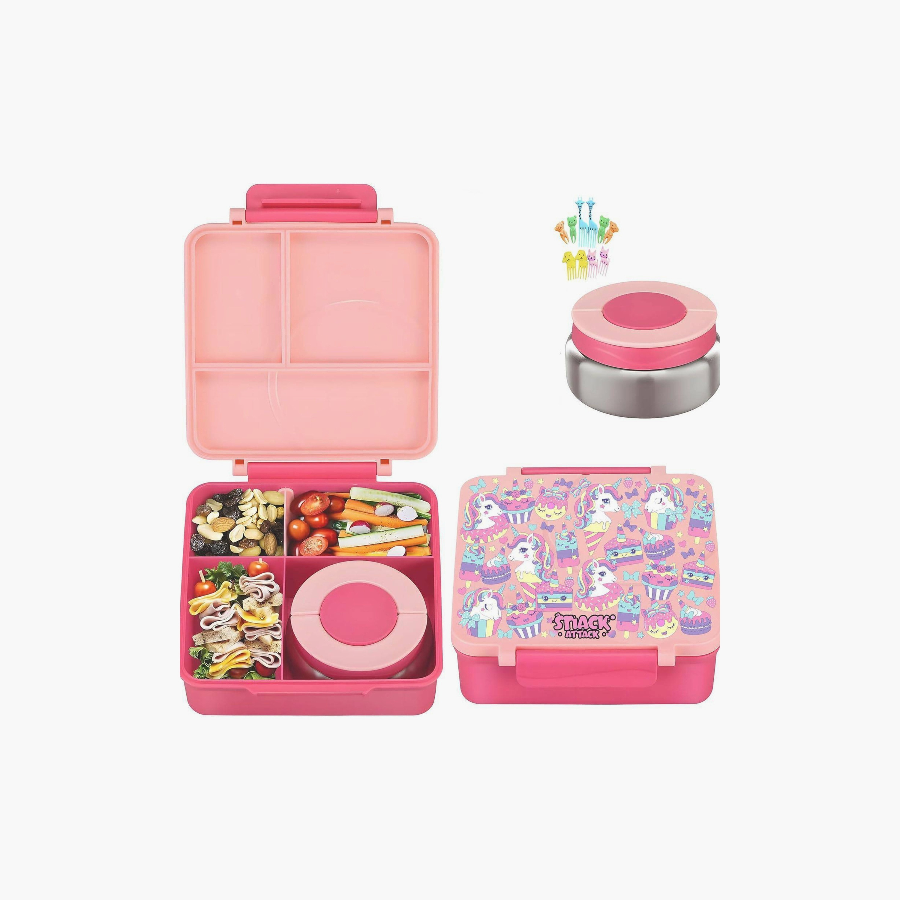 مجموعة صناديق غداء مطبوعة خالية من مادة BPA من سناك أتاك - يونيكورن - وردي-school-lunchessentials-lunchboxes-image-1
