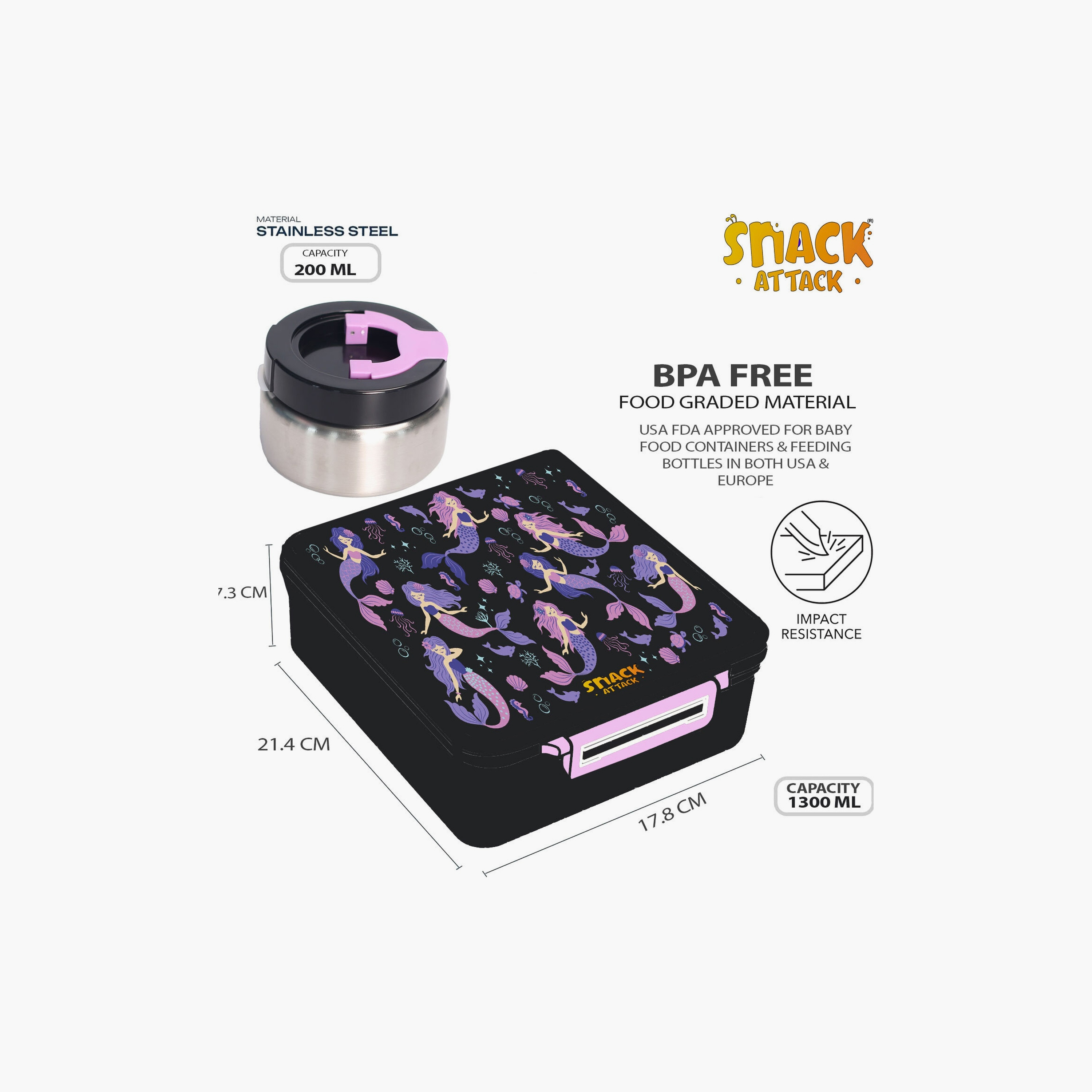 صندوق غداء بينتو بـ 4 أقسام خالٍ من مادة BPA مع وعاء حراري من سناك أتاك - حورية البحر - أسود.-school-lunchessentials-lunchboxes-image-8