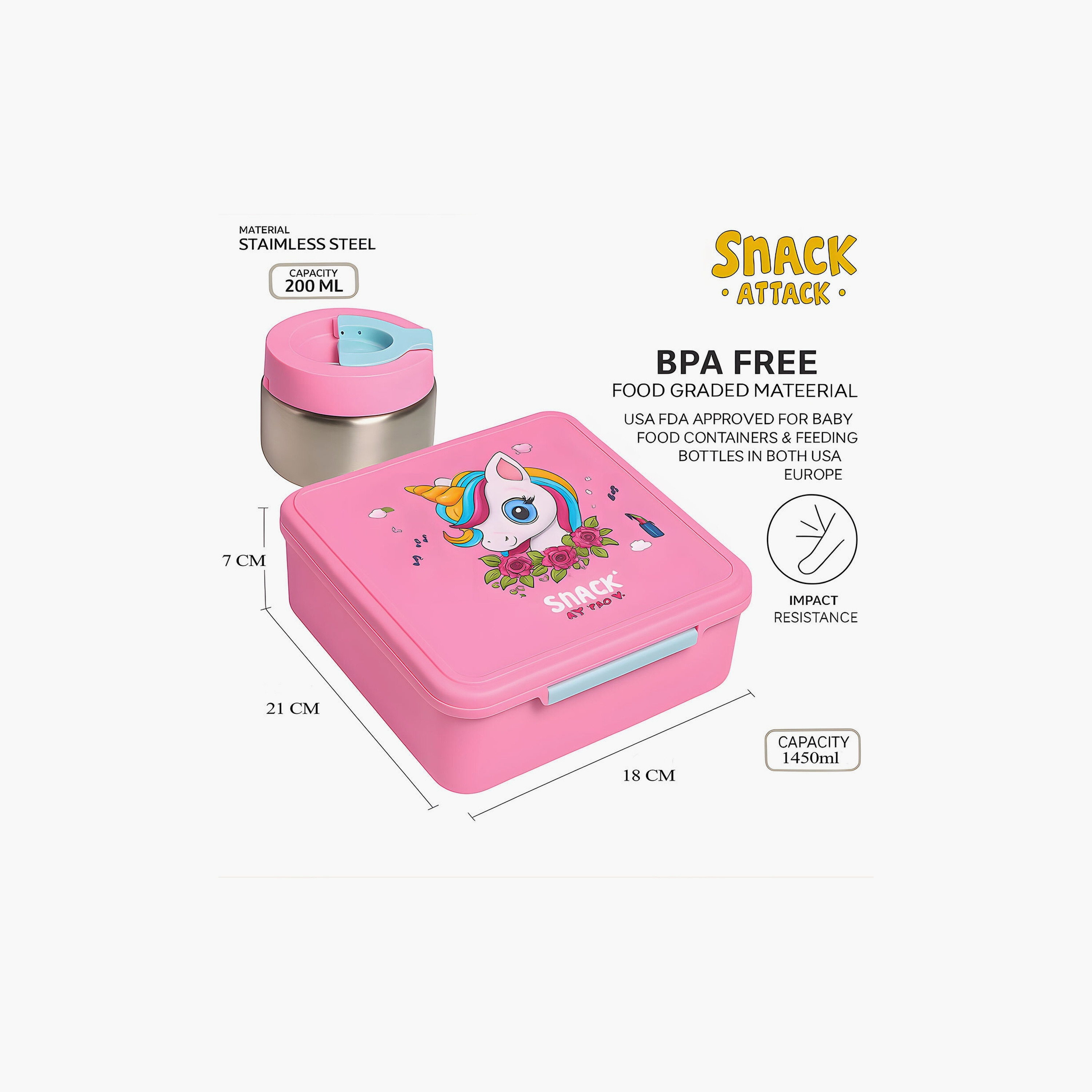 صندوق غداء بينتو بـ 4 أقسام خالٍ من مادة BPA مع وعاء حراري من سناك أتاك - وحيد القرن - وردي.-school-lunchessentials-lunchboxes-image-6