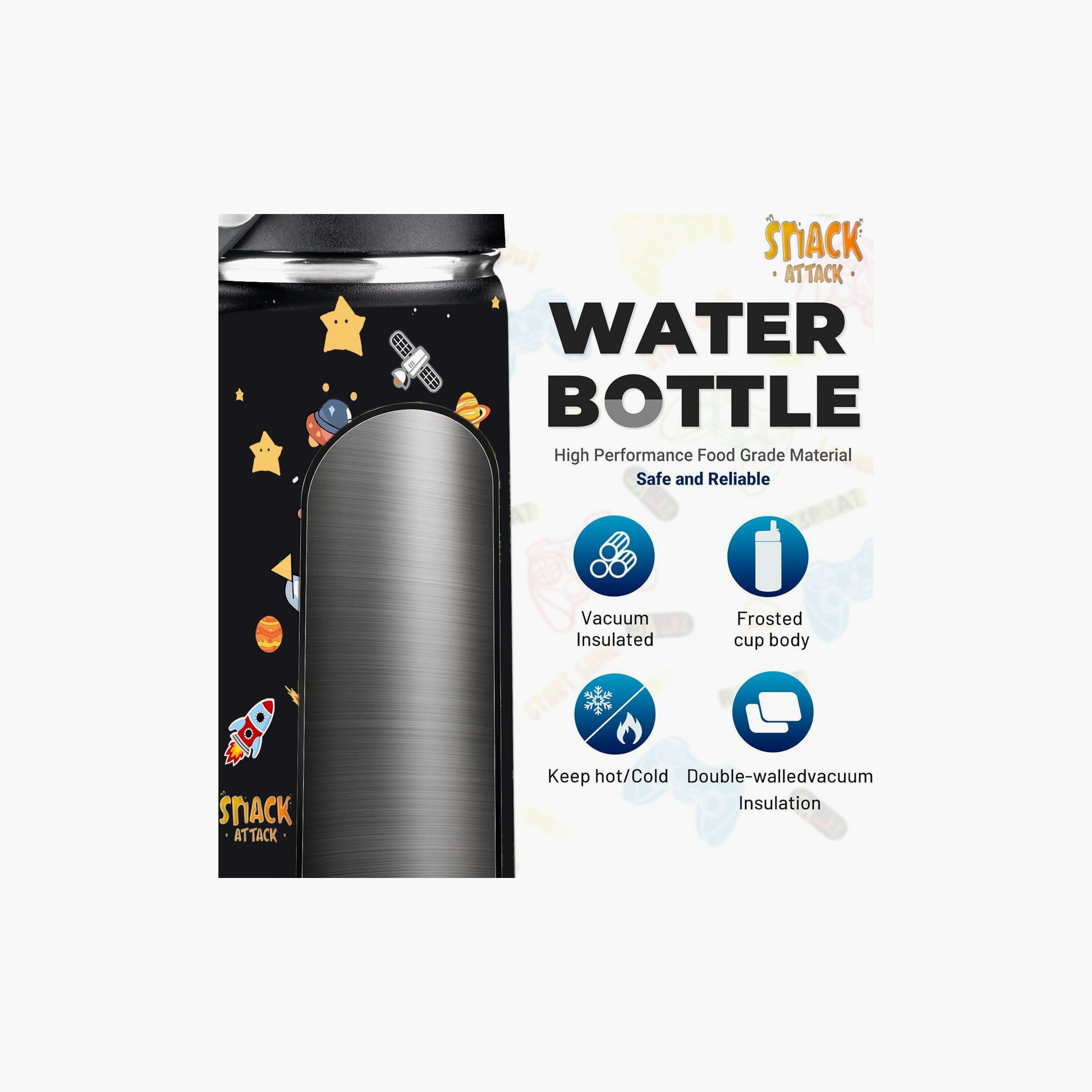 زجاجة مياه معزولة مطبوعة مع ماصة وفرشاة من سناك أتاك - 350 مل - رائد فضاء - أسود-school-waterbottles-image-3