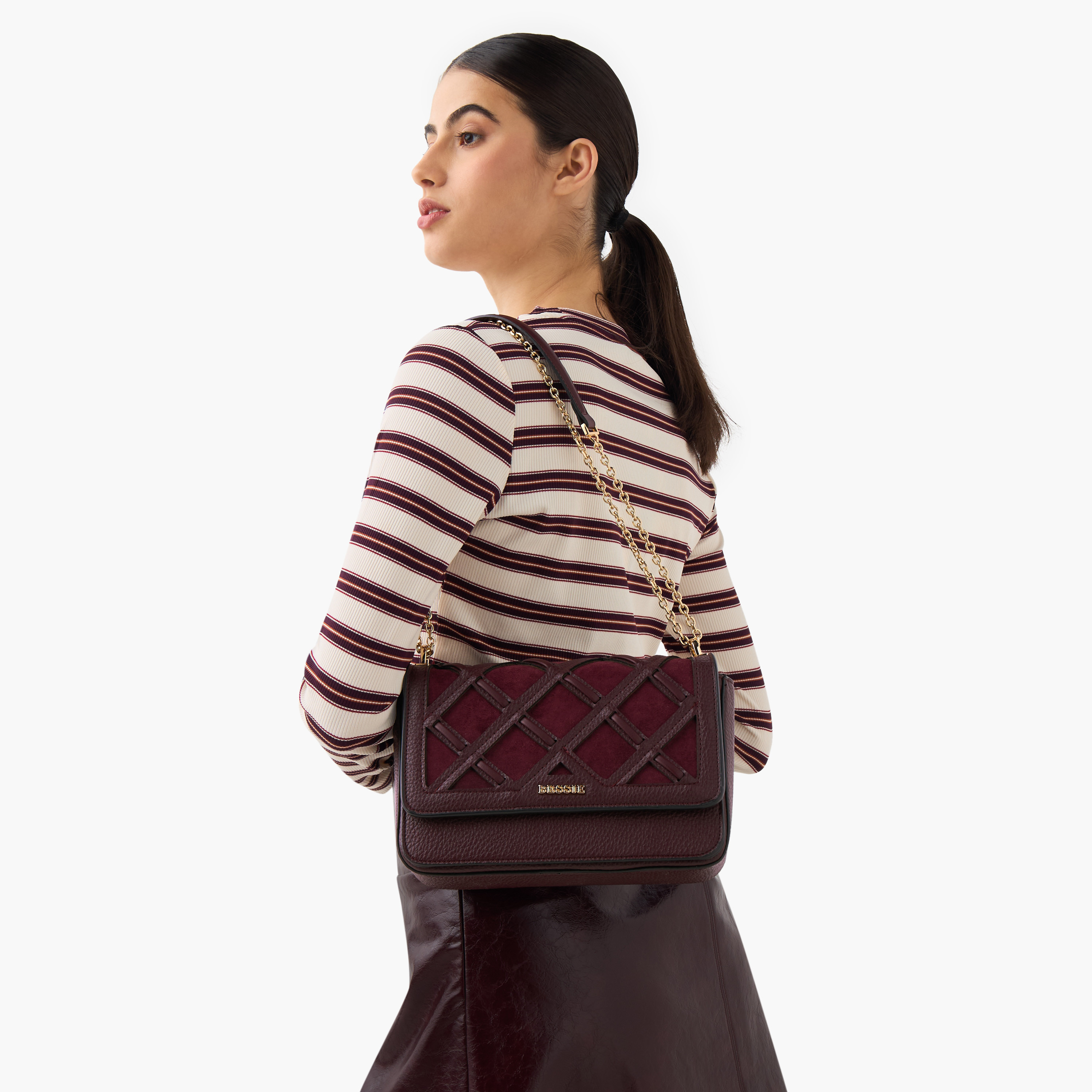 Bessie London Checked Detail Crossbody Bag with Chain Strap-women-bagsandwallets-handbags-image-2