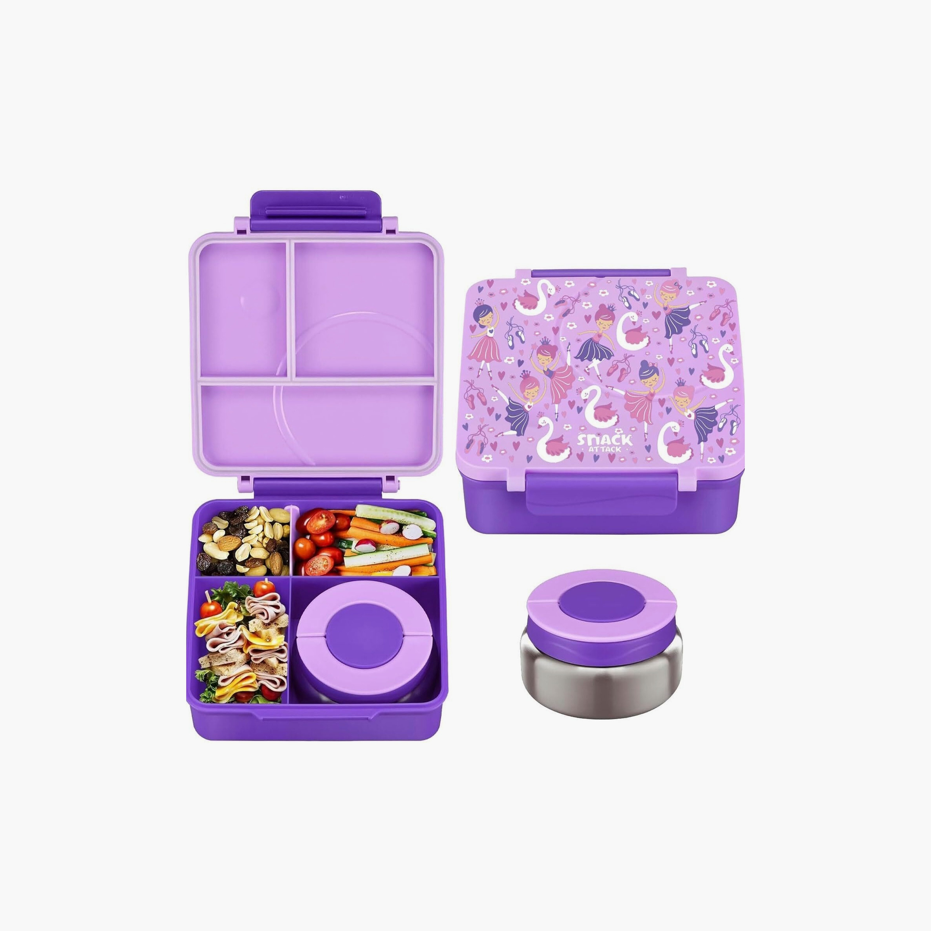 Snack Attack Printed BPA Free Bento Lunch Box with Soup Thermos - Ballerina - Purple-school-lunchessentials-lunchboxes-image-1