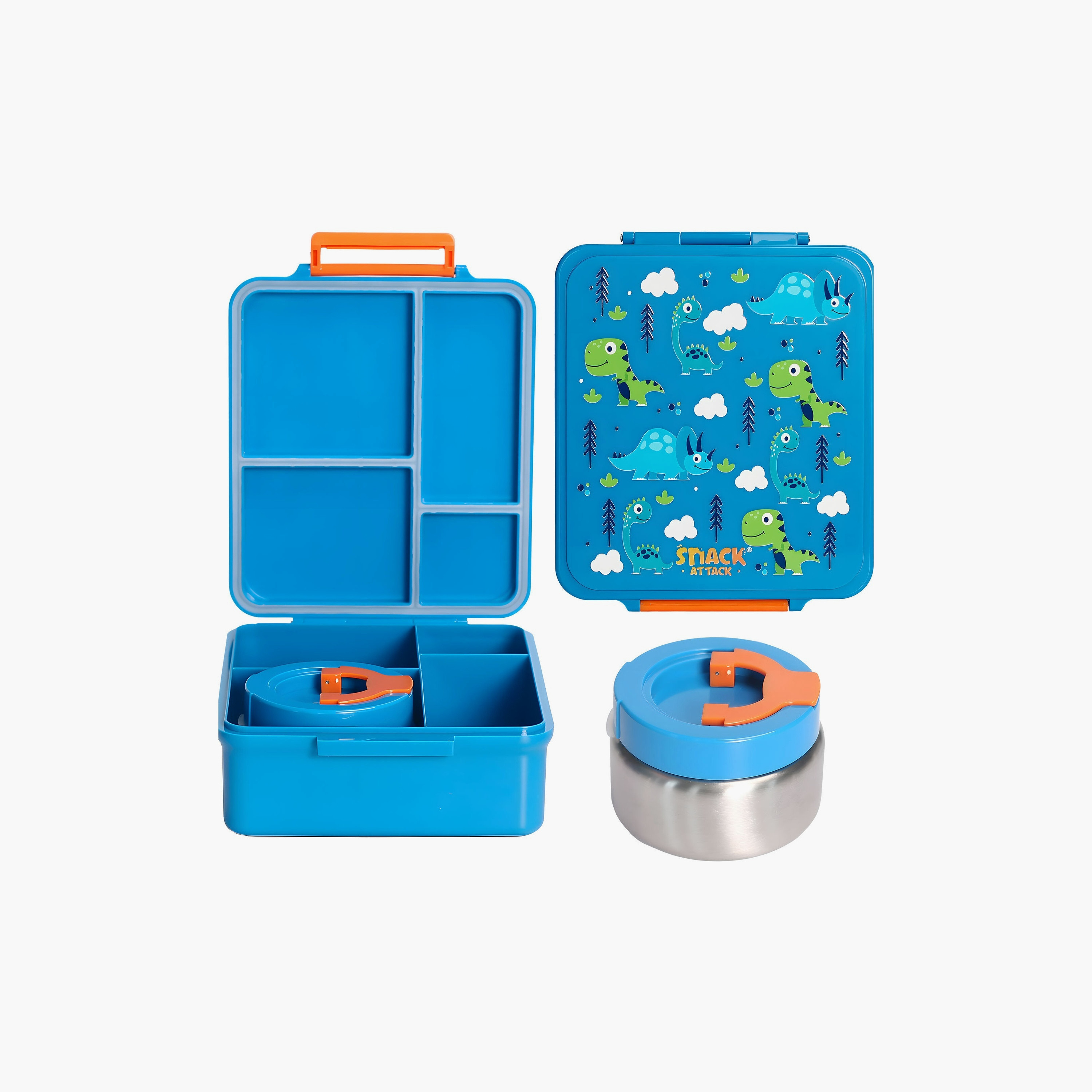 Snack Attack 4-Compartment BPA Free Bento Lunch Box with Thermos Jar - Dinosaur - Blue-school-lunchessentials-lunchboxes-image-1