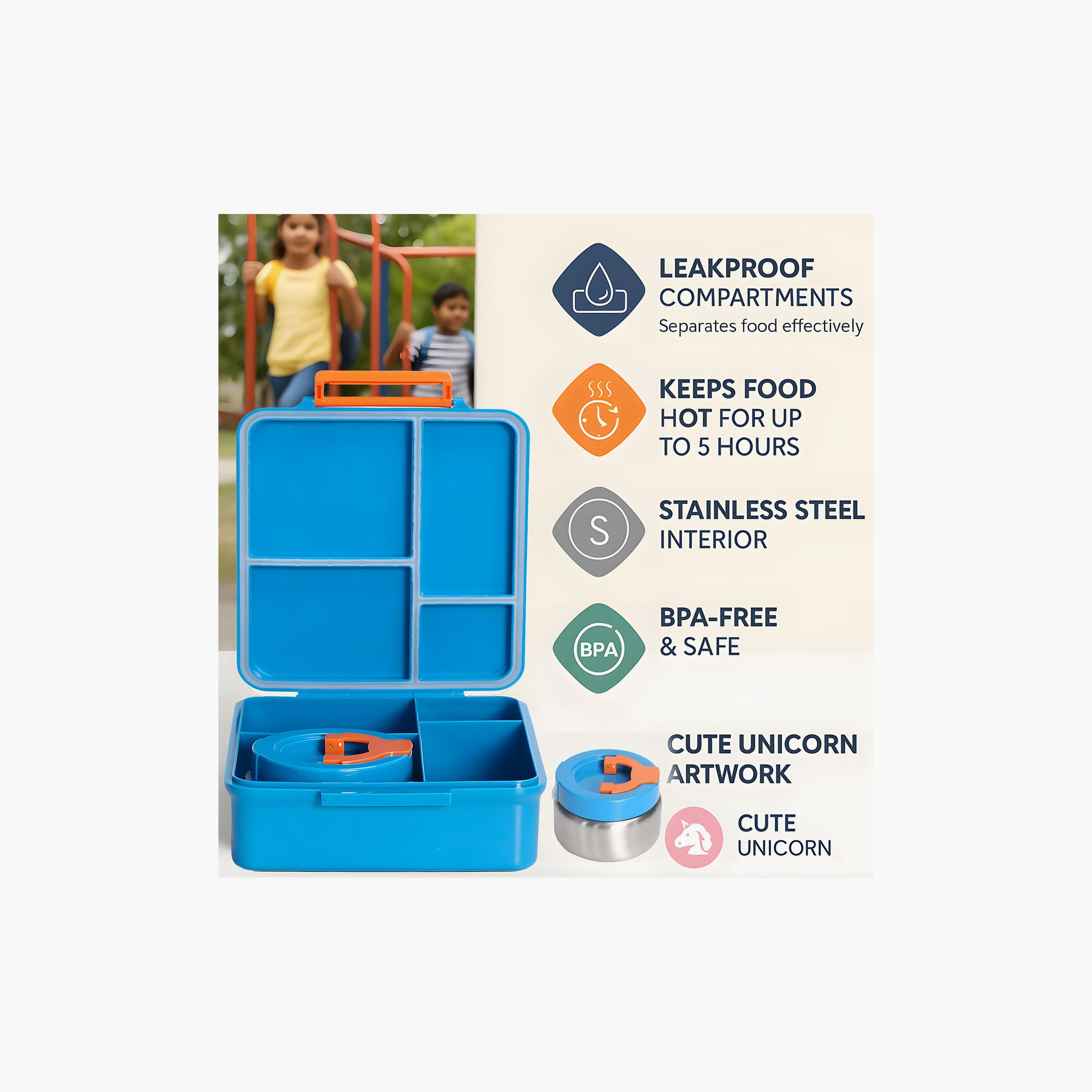 Snack Attack 4-Compartment BPA Free Bento Lunch Box with Thermos Jar - Dinosaur - Blue-school-lunchessentials-lunchboxes-image-4
