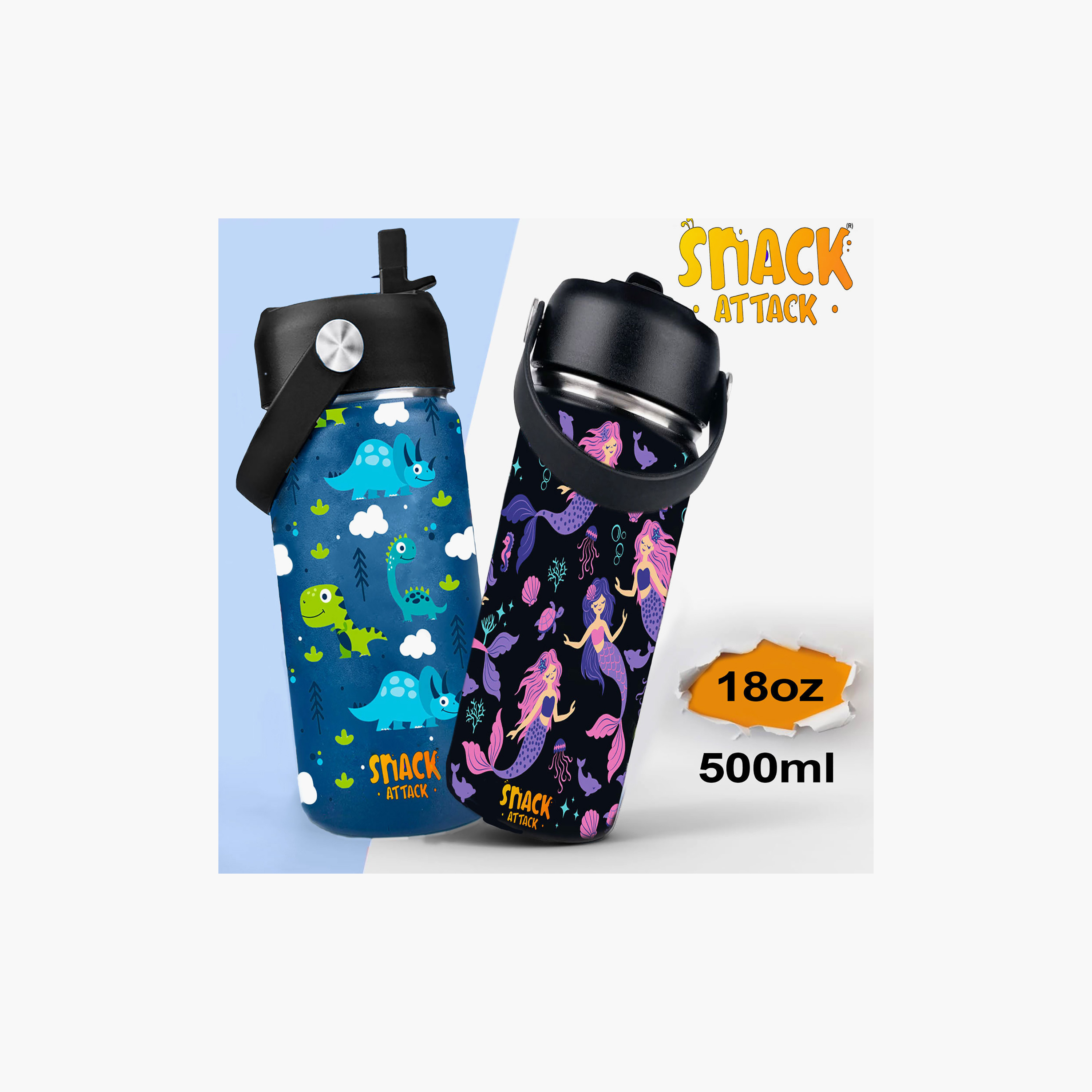 Snack Attack Insulated SS Water Bottle with Straw & Cleaning Brush - Magical Mermaid - 540 ml-school-waterbottles-image-5