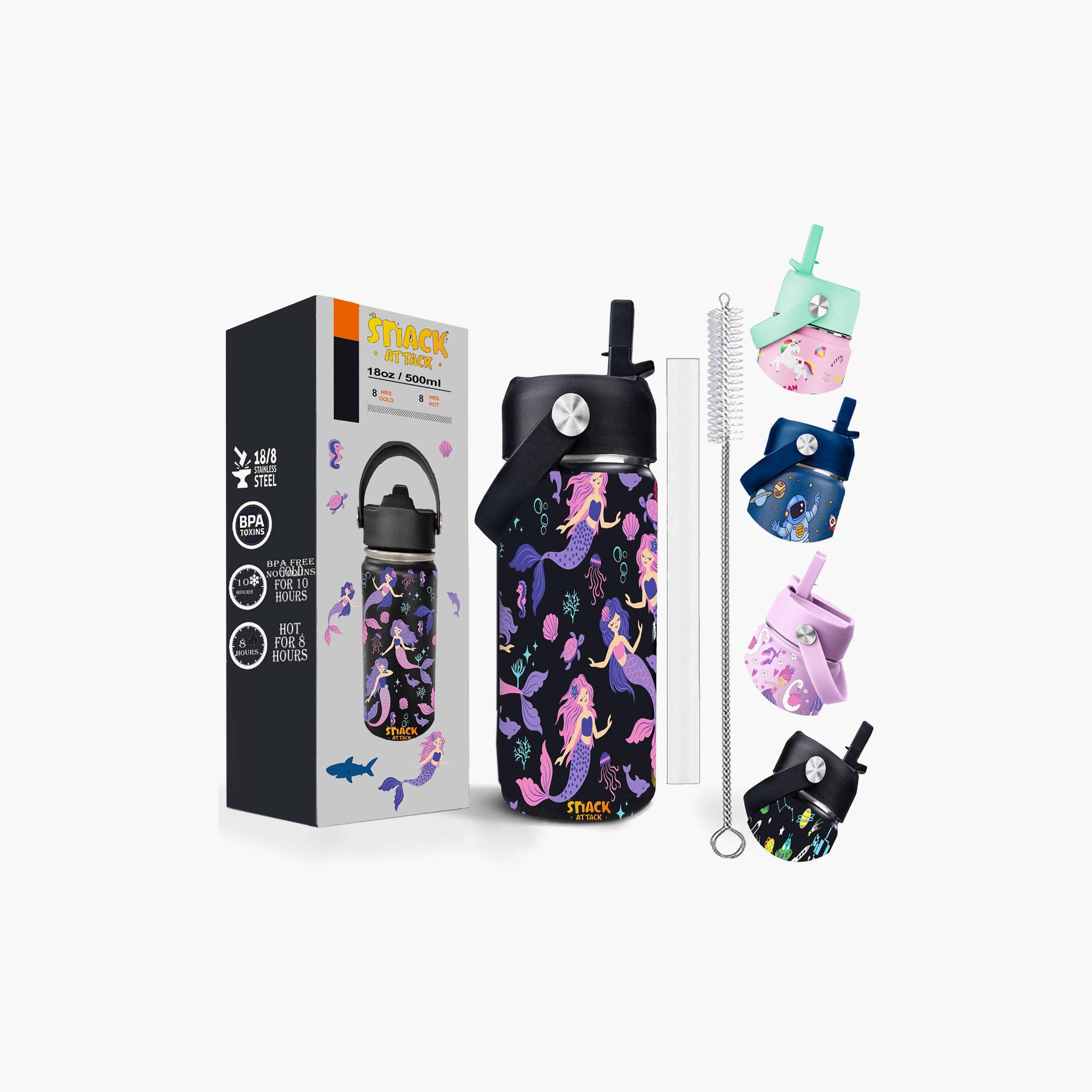 Snack Attack Insulated SS Water Bottle with Straw & Cleaning Brush - Magical Mermaid - 540 ml-school-waterbottles-image-6