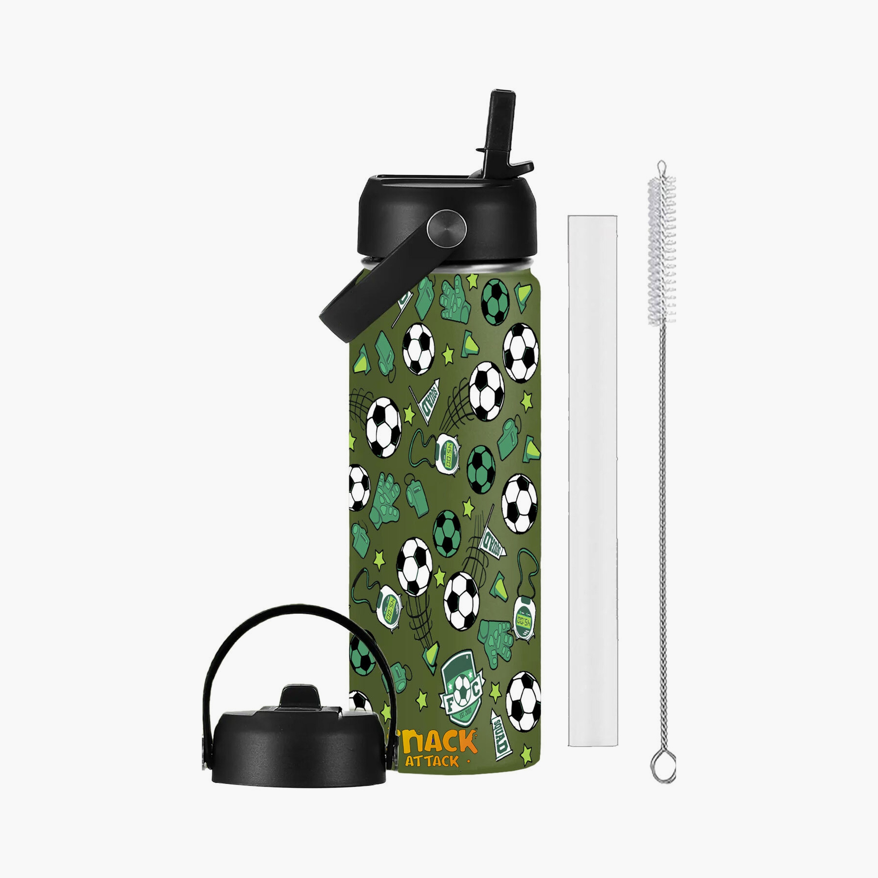 Snack Attack Stainless Steel Insulated Water Bottle with Lid - 500ml - Football - Green-school-waterbottles-image-1