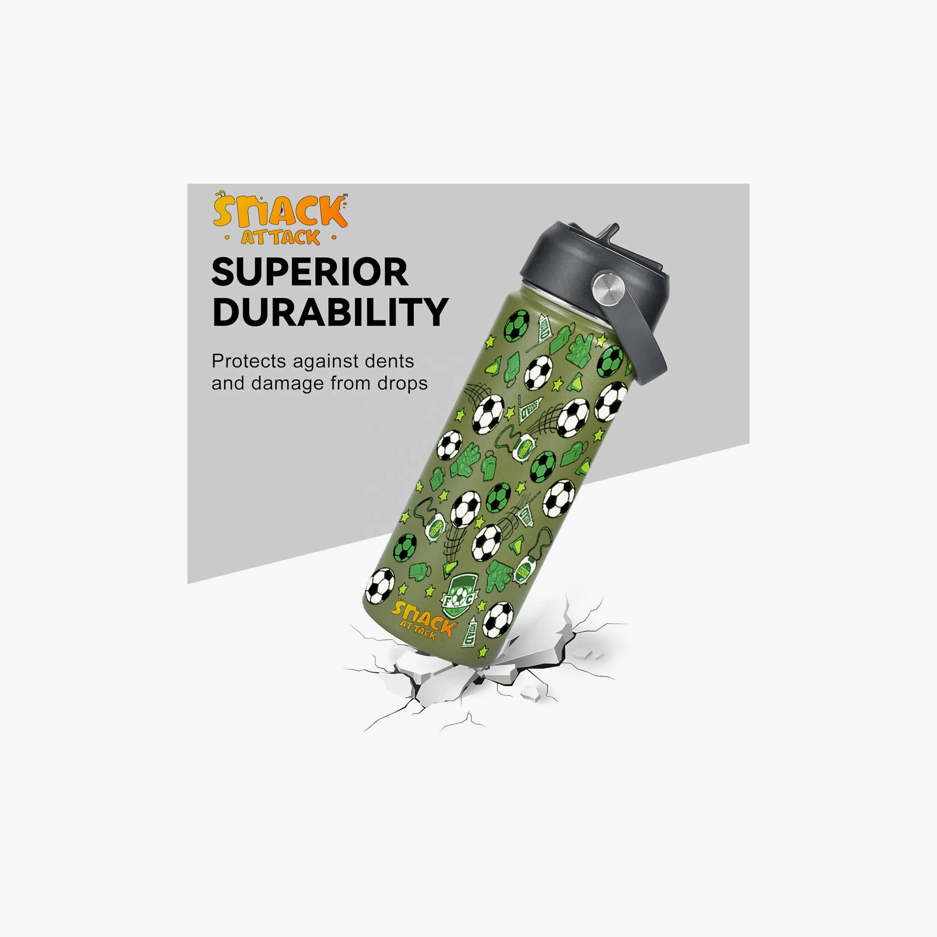 Snack Attack Stainless Steel Insulated Water Bottle with Lid - 500ml - Football - Green-school-waterbottles-image-2