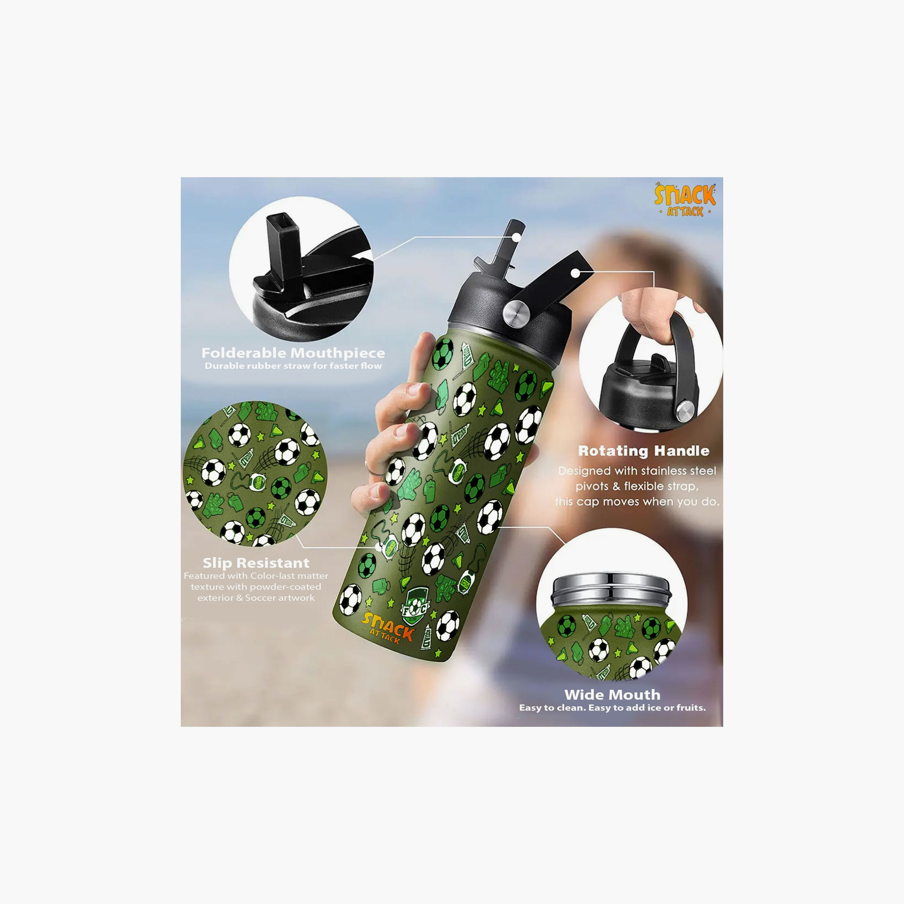 Snack Attack Stainless Steel Insulated Water Bottle with Lid - 500ml - Football - Green-school-waterbottles-image-3