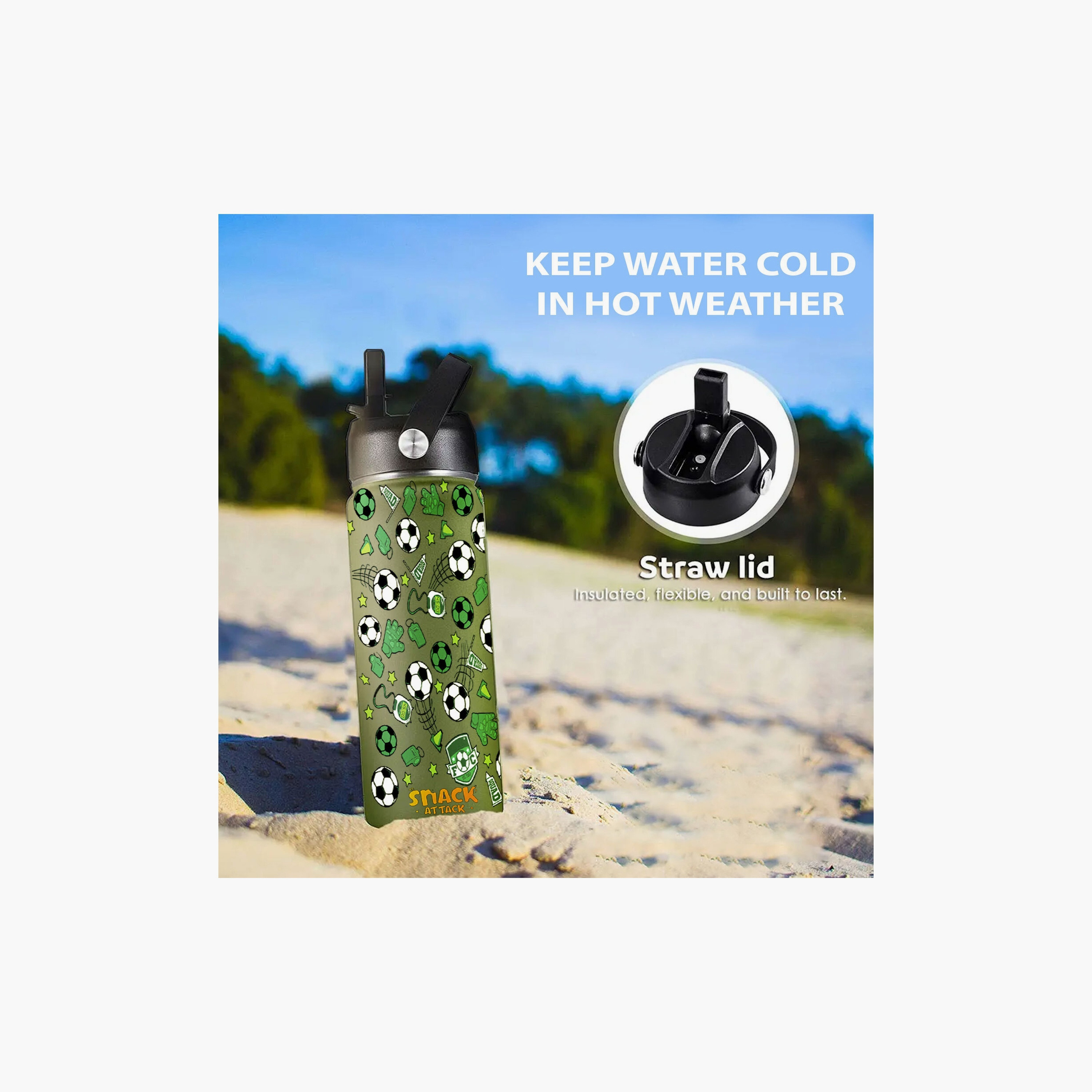 Snack Attack Stainless Steel Insulated Water Bottle with Lid - 500ml - Football - Green-school-waterbottles-image-5