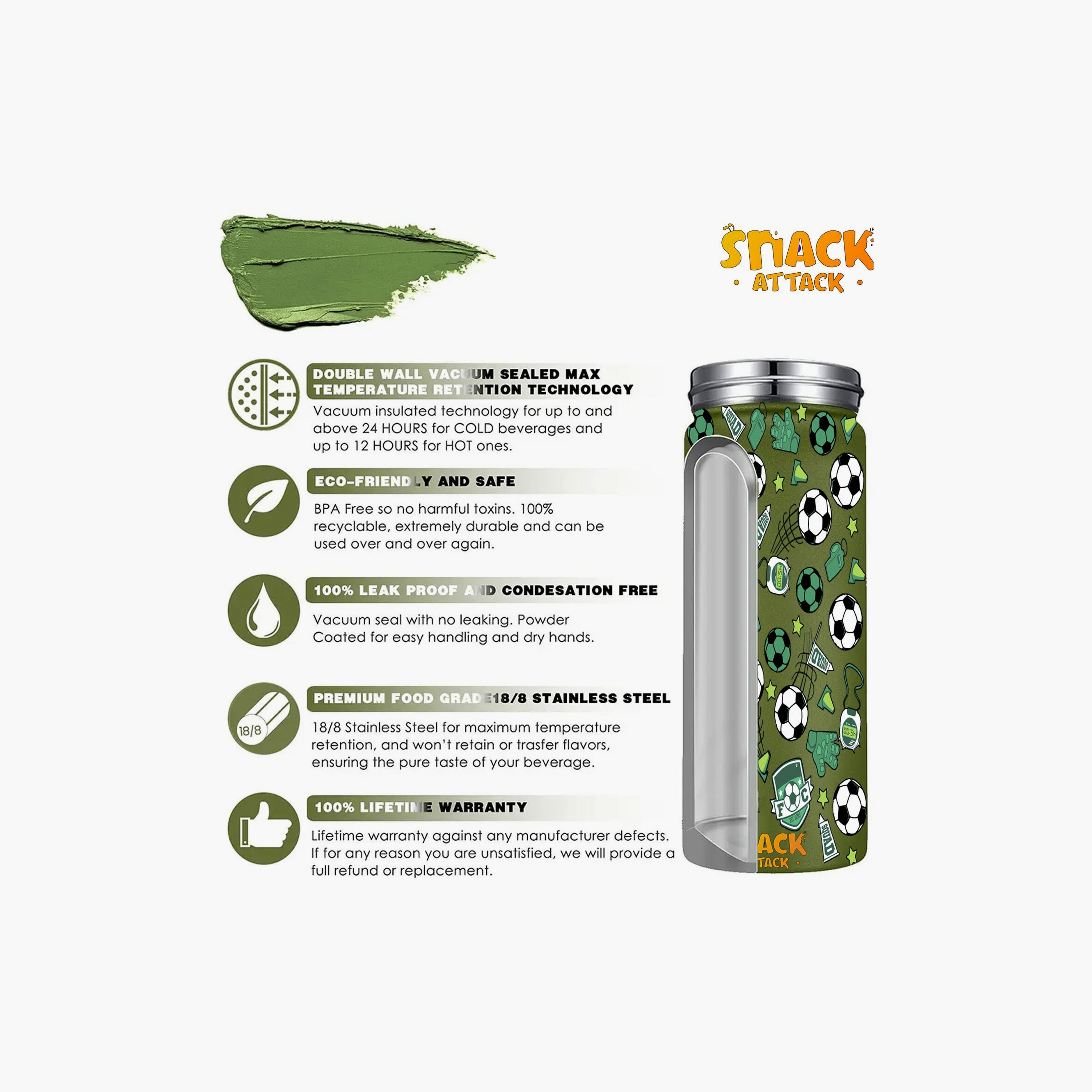 Snack Attack Stainless Steel Insulated Water Bottle with Lid - 500ml - Football - Green-school-waterbottles-image-6