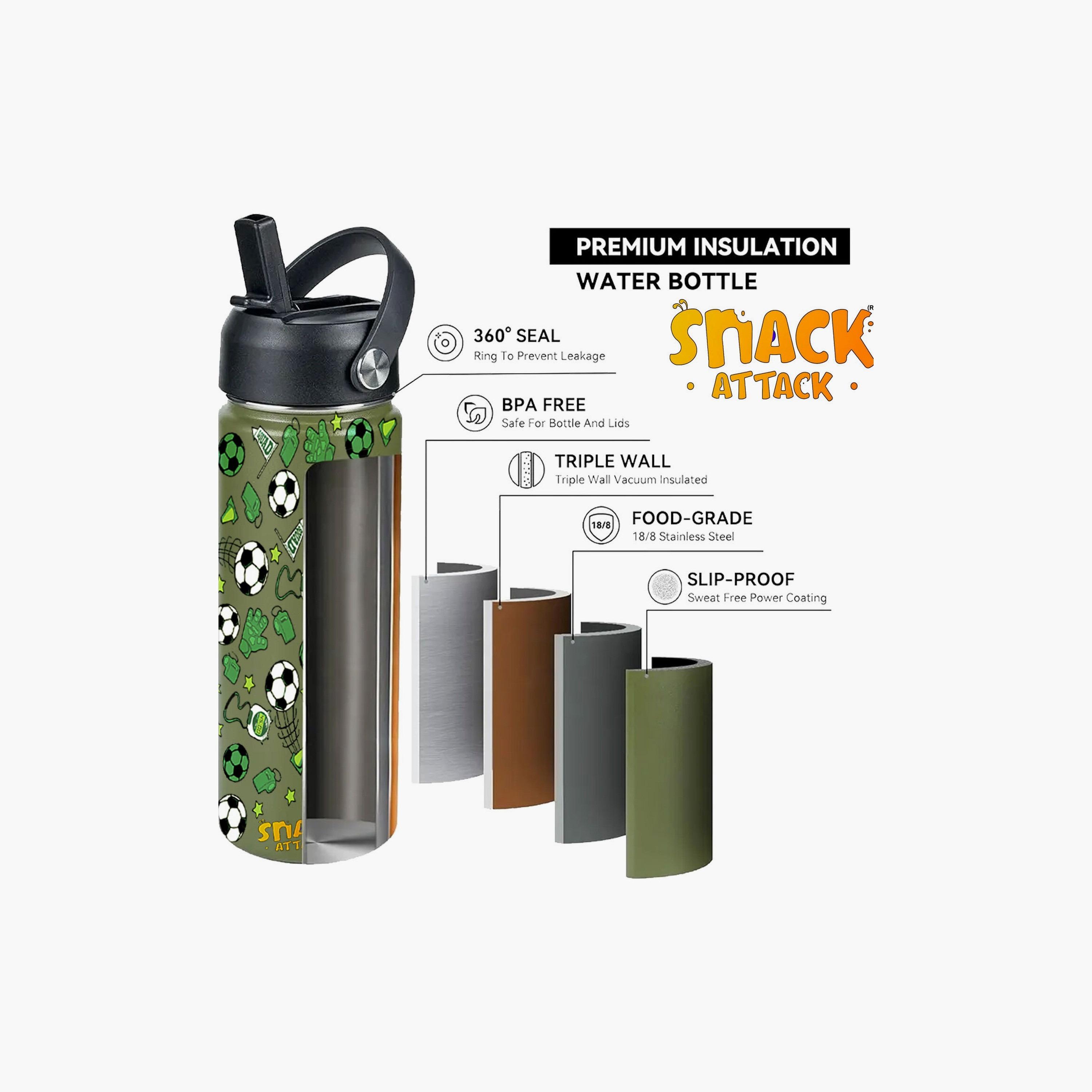 Snack Attack Stainless Steel Insulated Water Bottle with Lid - 500ml - Football - Green-school-waterbottles-image-7