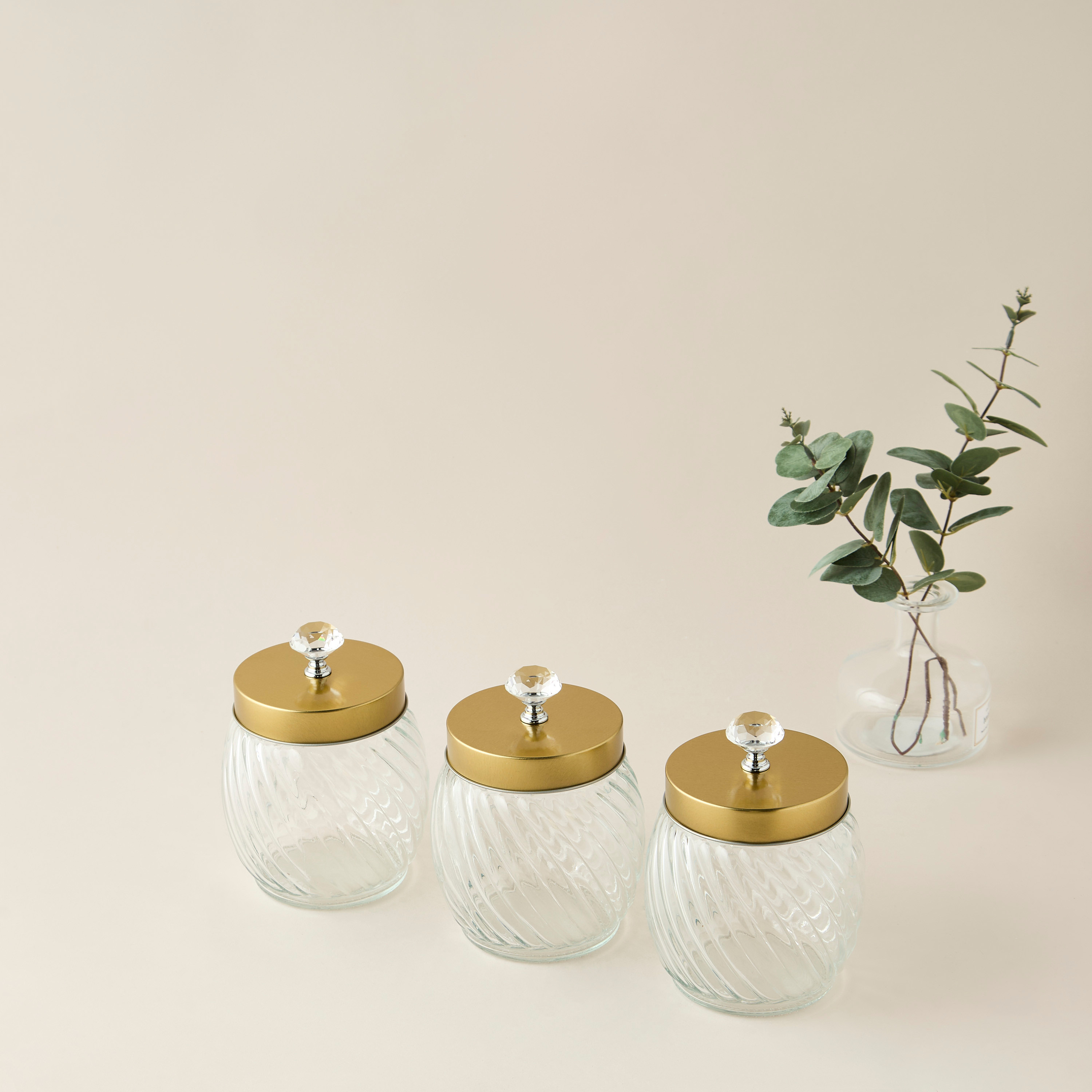 Ribbed 3-Piece Glass Canister Set with Knob Accent Lid - 960 ml-household-kitchen-foodstorage-containers-image-1