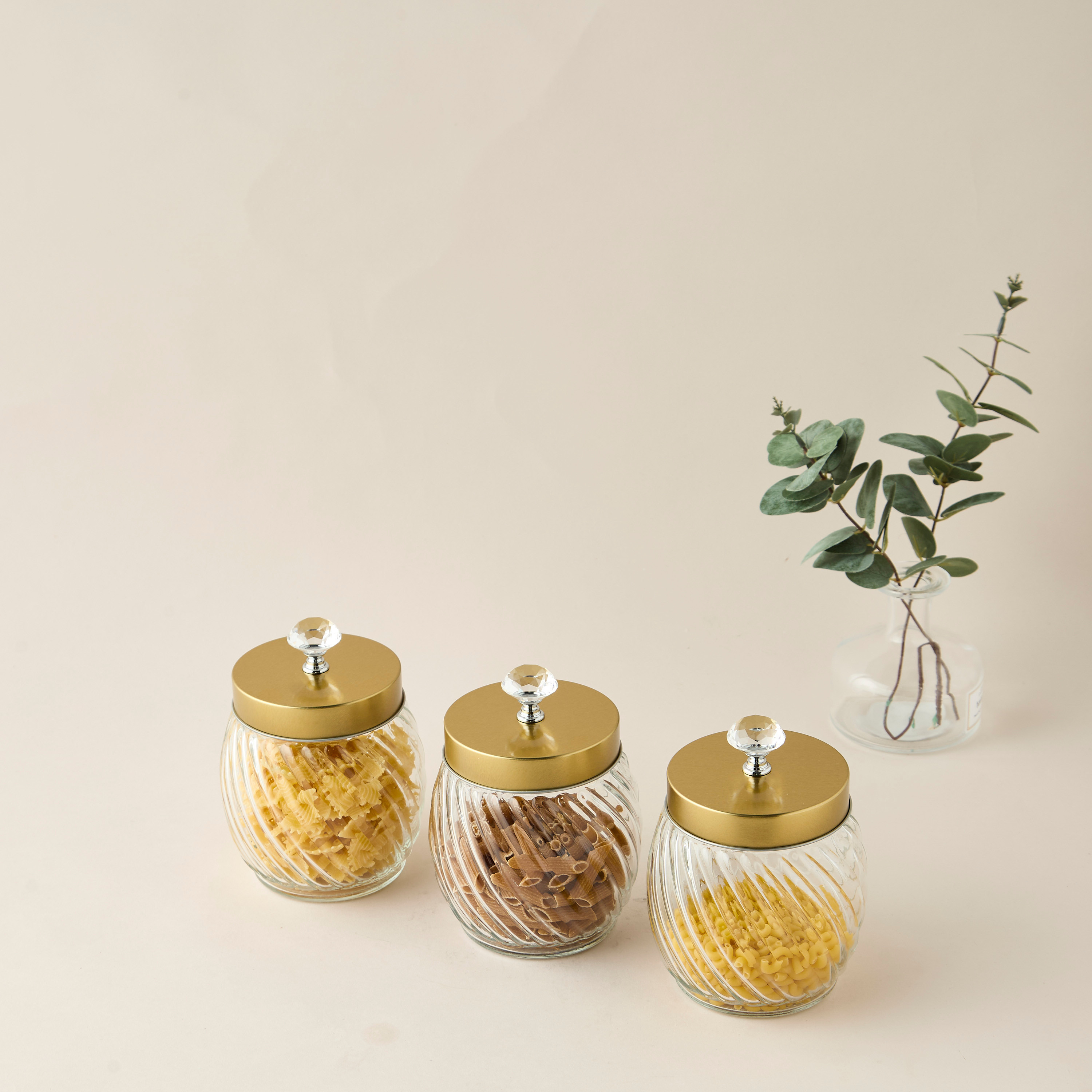 Ribbed 3-Piece Glass Canister Set with Knob Accent Lid - 960 ml-household-kitchen-foodstorage-containers-image-2